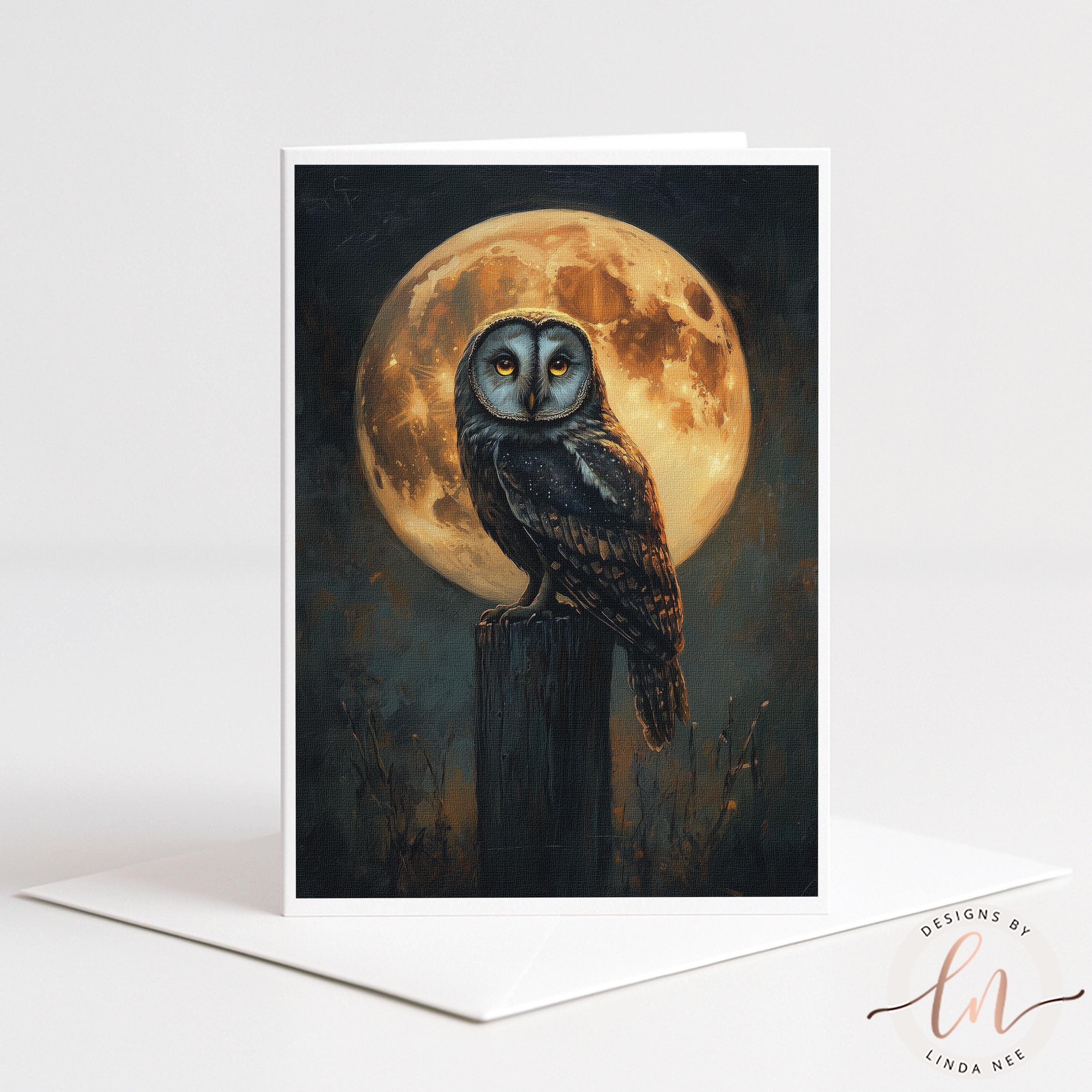 A painting of an owl perched on a wooden post, with a large full moon in the background.