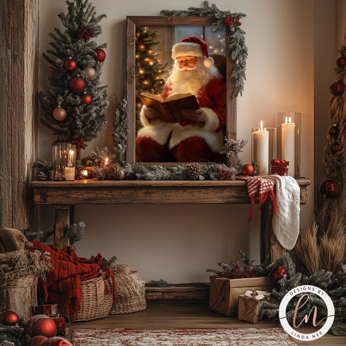 Santa Claus reading wall art displayed beside a decorated tree and ornaments