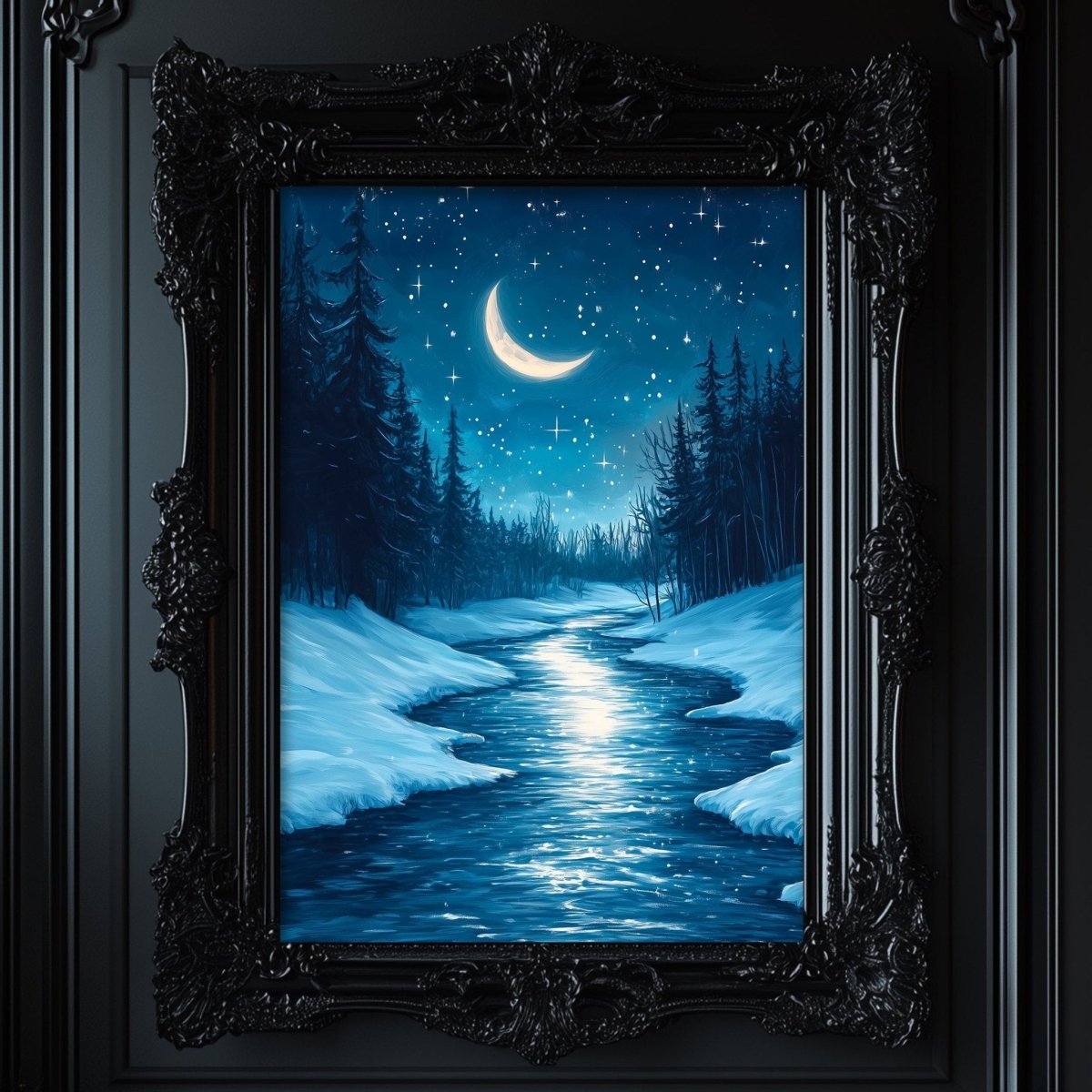 Crescent moon glowing over a snow banked river winding through the forest