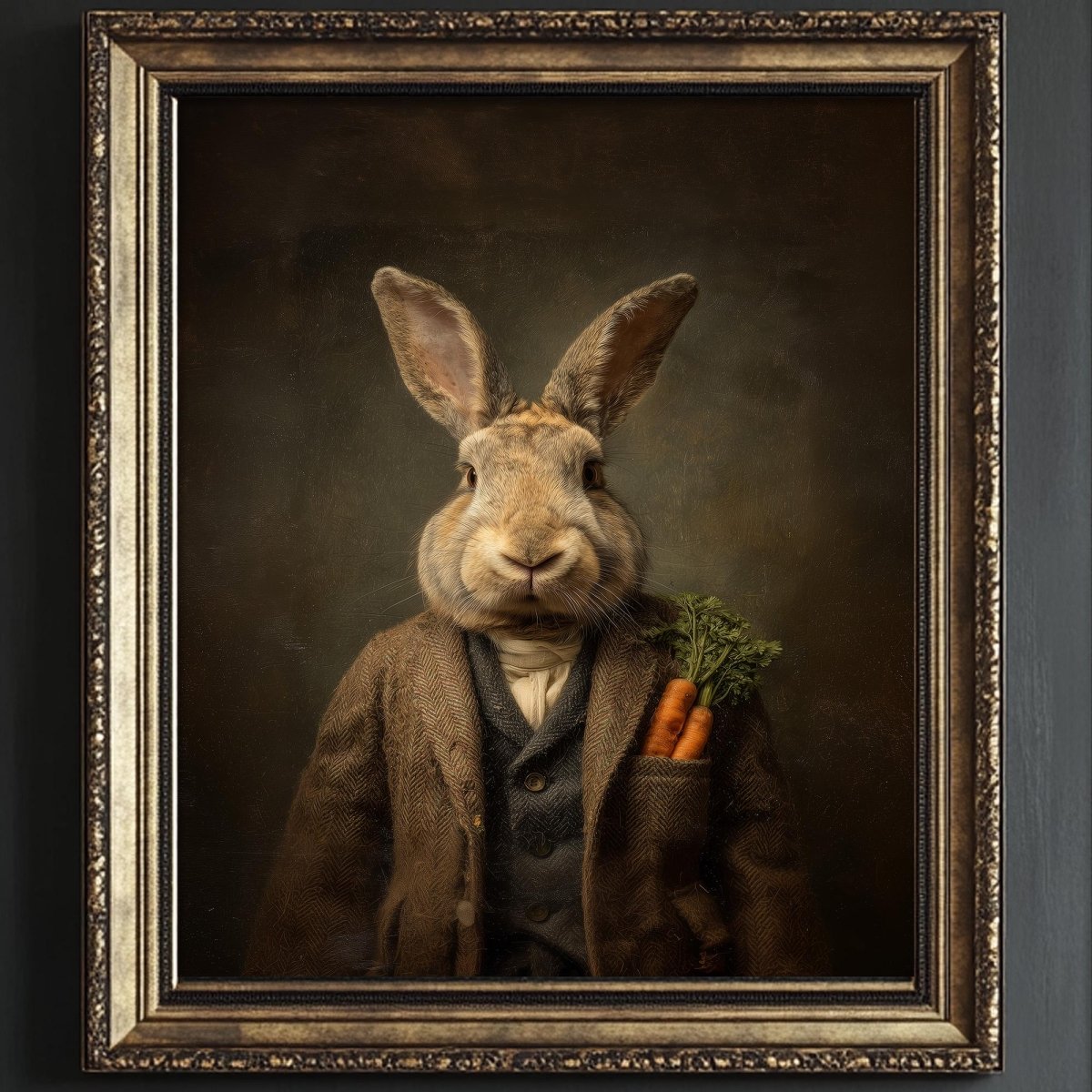 A portrait of a rabbit wearing a suit and holding a carrot in its pocket, set against a dark background.