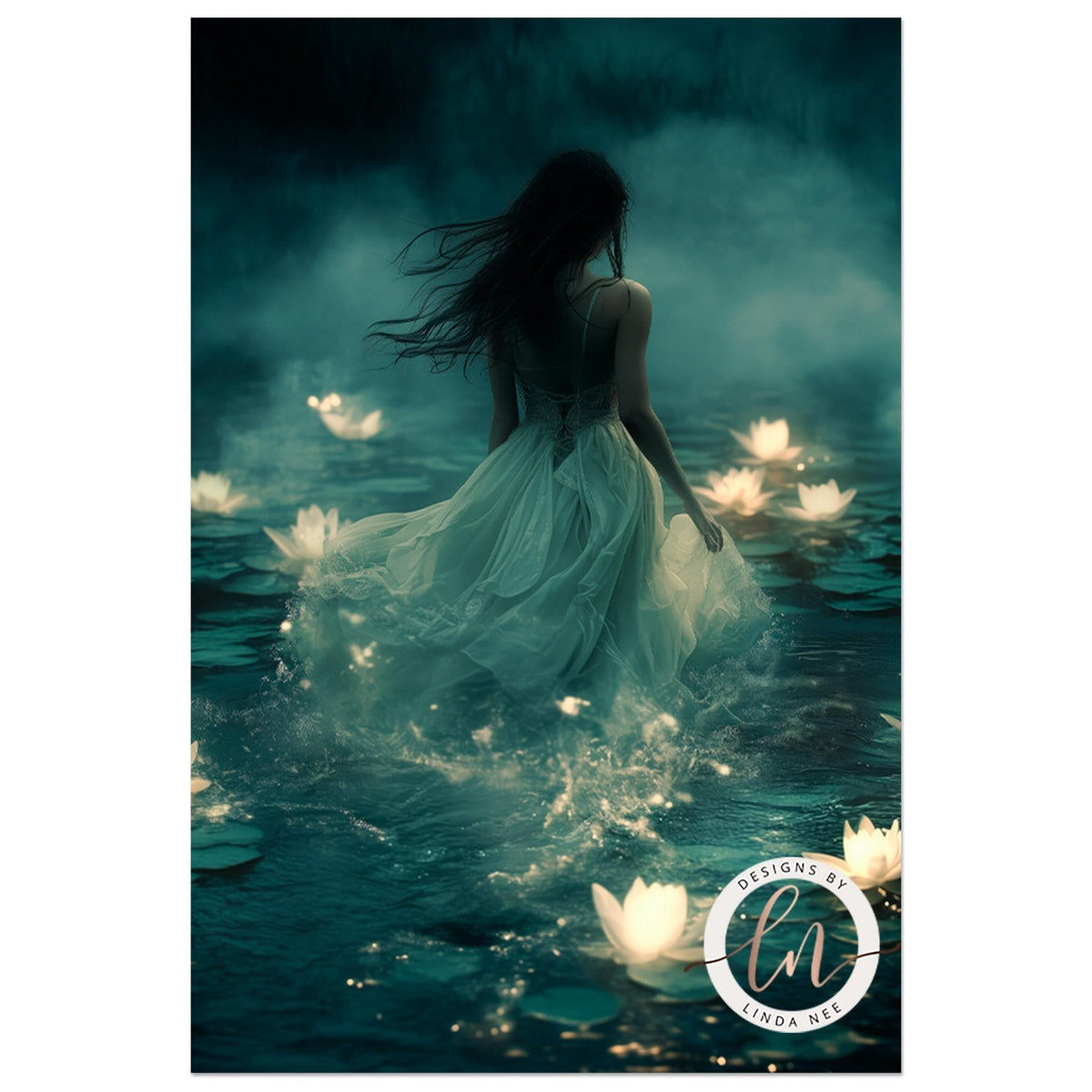 A woman in a flowing white dress stands in a misty, ethereal landscape, surrounded by floating lotus flowers.