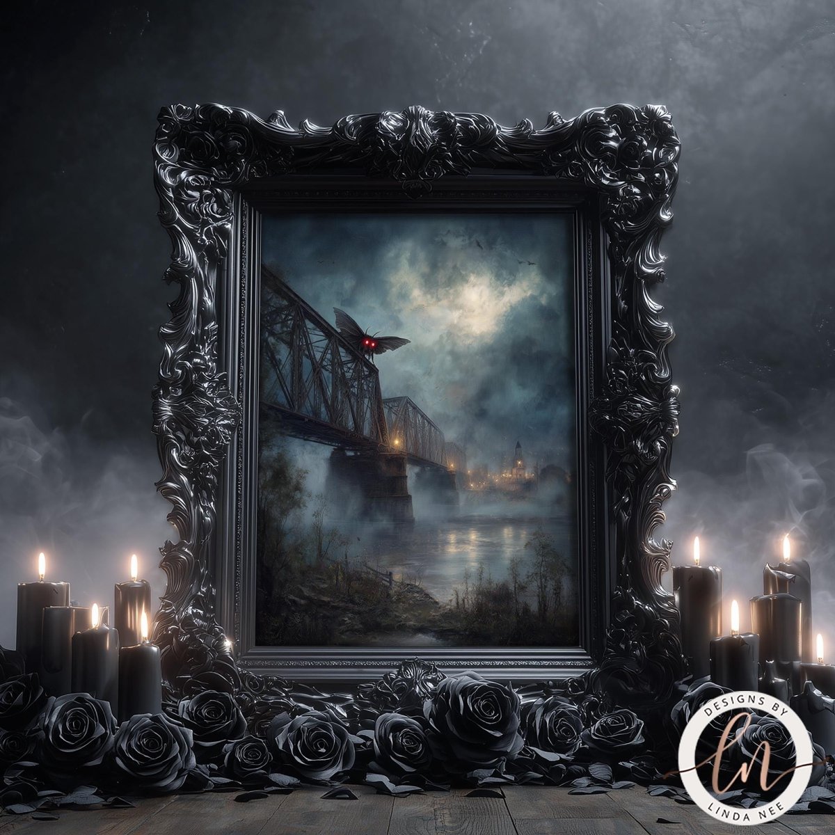 a dark, moody scene with a bridge, mist, and a butterfly. The scene is framed by an ornate black frame, and there are candles and rose petals surrounding the frame.