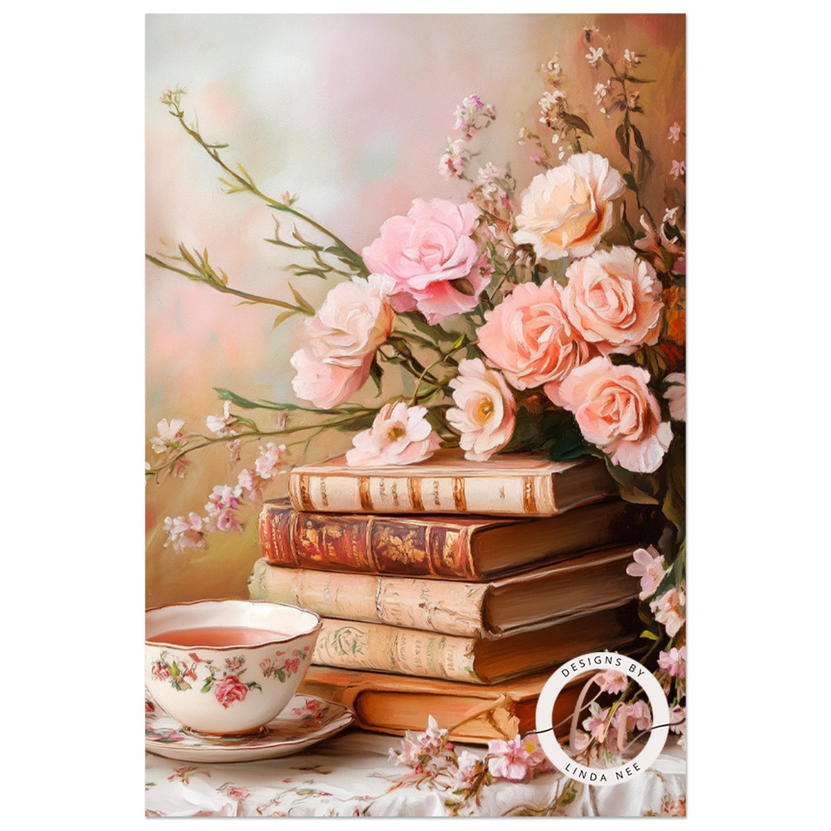 A stack of old books, a teacup, and a vase of pink roses arranged on a table, creating a cozy and nostalgic atmosphere.