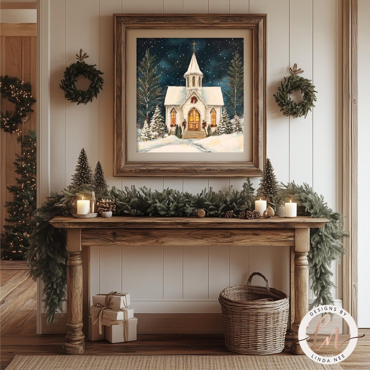 Snowy church glowing under a starry night sky with a gold cross on the steeple