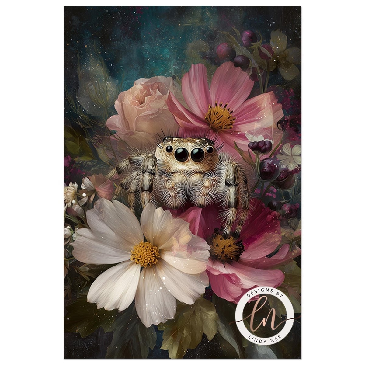 A close-up of a spider with large eyes, sitting amidst a vibrant floral arrangement of pink and white flowers.
