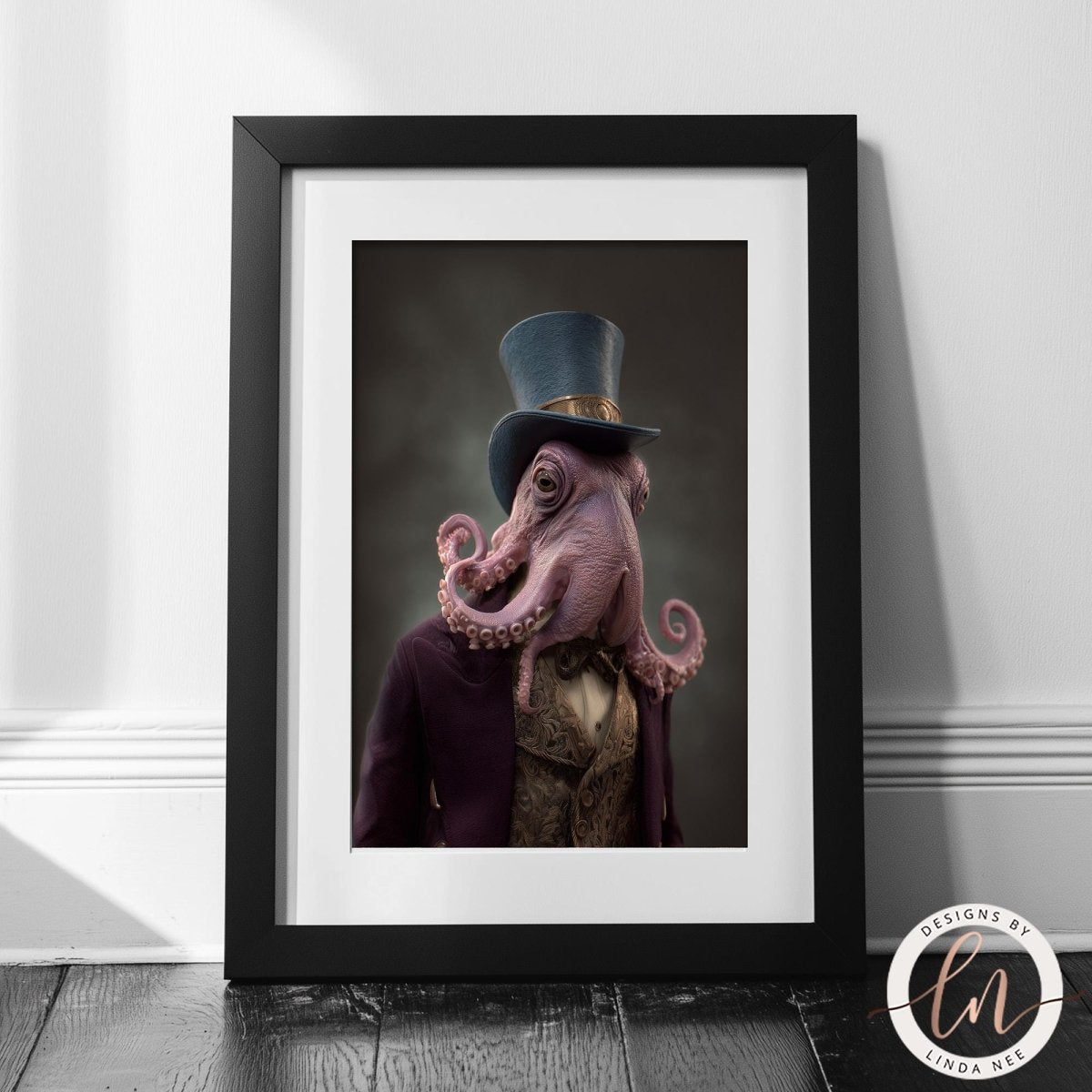 A framed image depicting an octopus wearing a top hat and a purple suit, with its tentacles curled around its face.