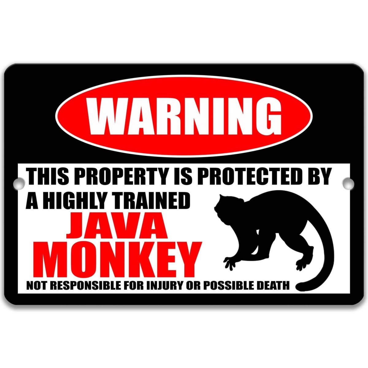 Java monkey warning metal sign, glossy black, red WARNING oval and long-tailed macaque silhouette