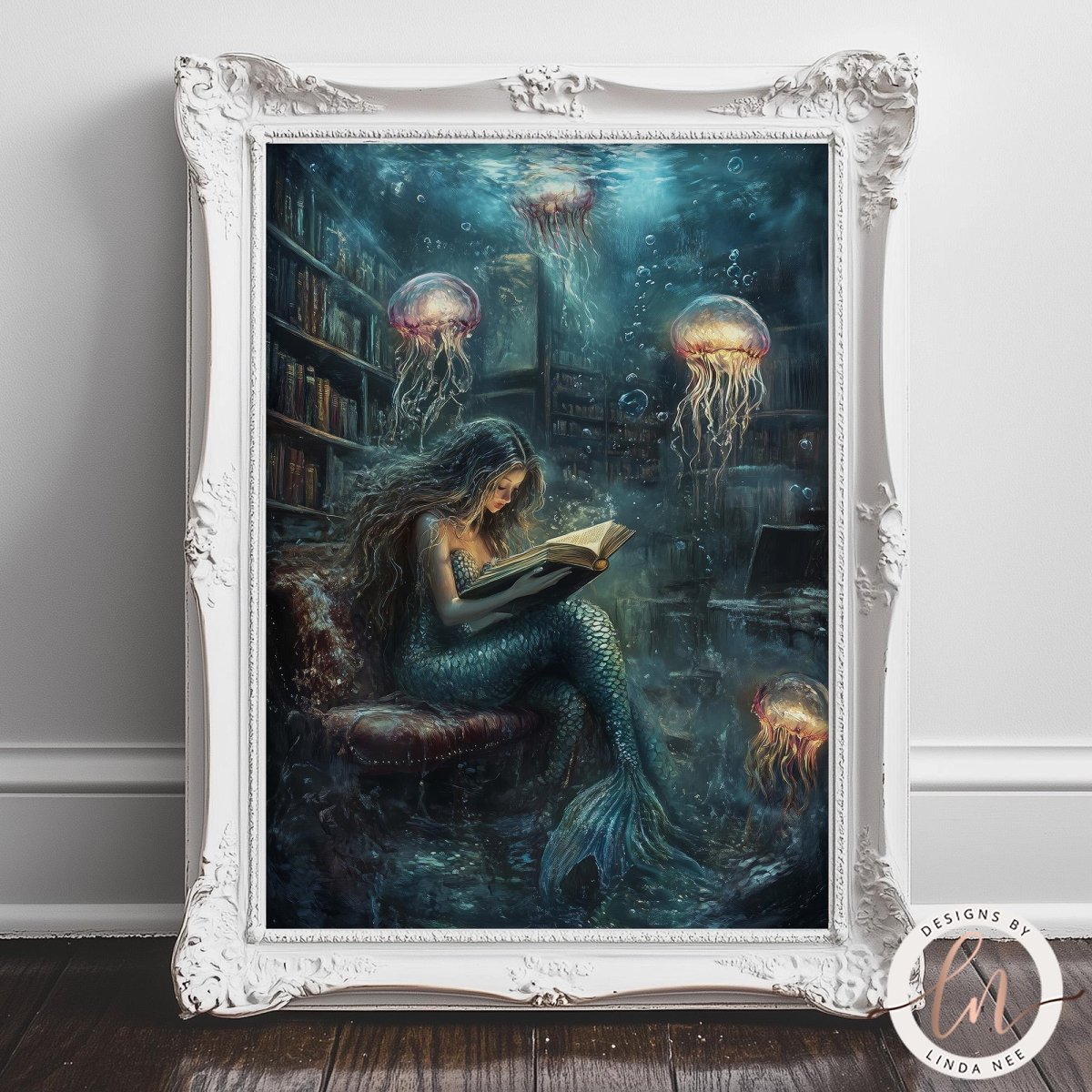 A mermaid is sitting in a chair and reading a book, surrounded by jellyfish and other marine life in a fantastical underwater scene.