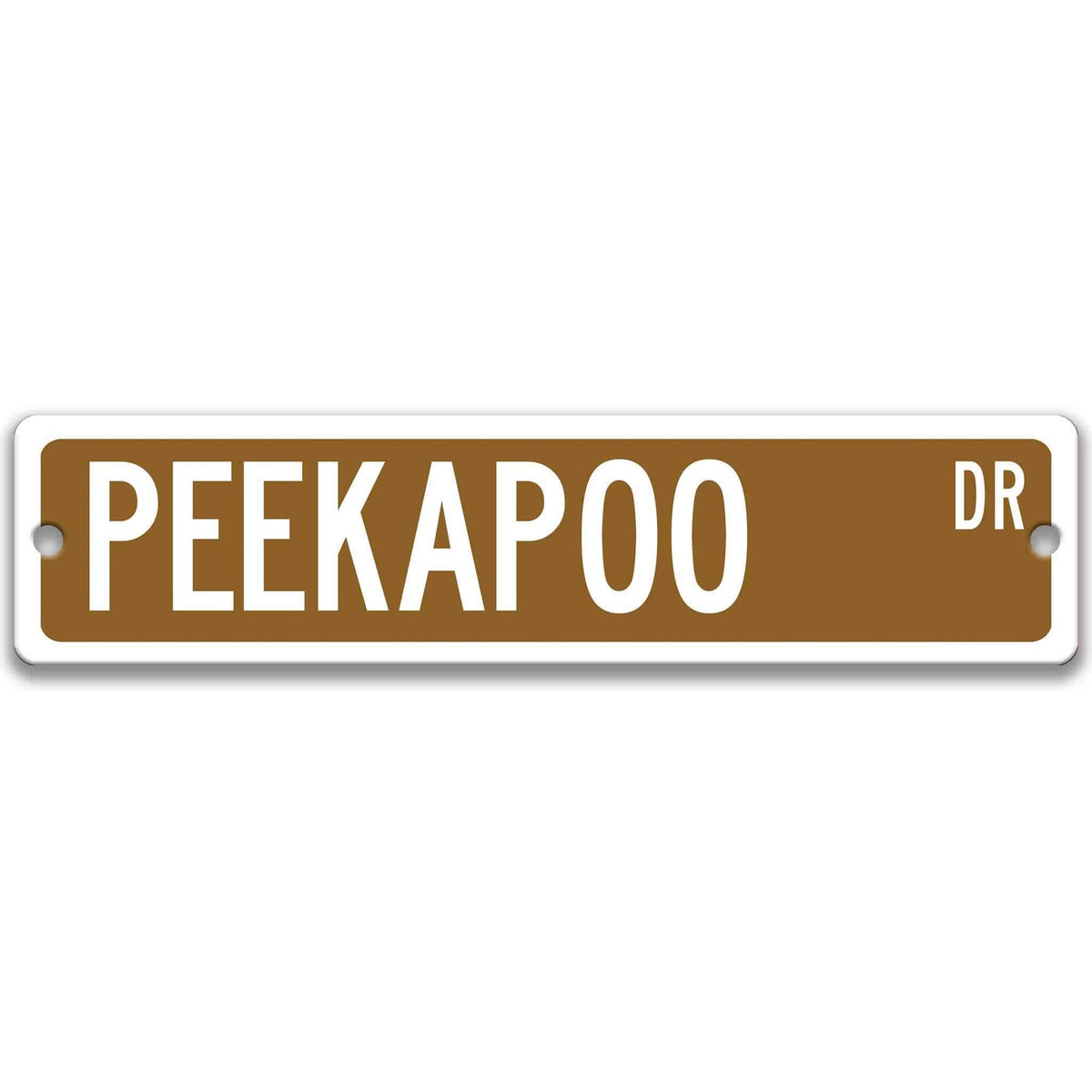 Yellow Peekapoo DR aluminum street sign with black lettering