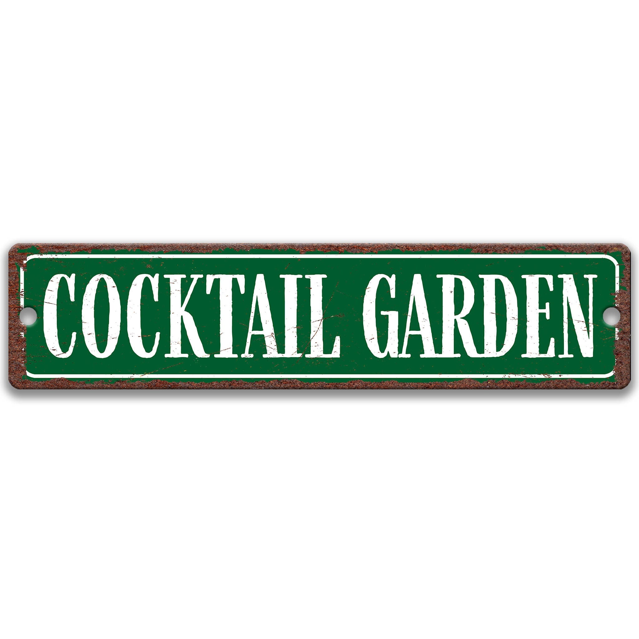 a green street sign with the text "Cocktail Garden" written on it.