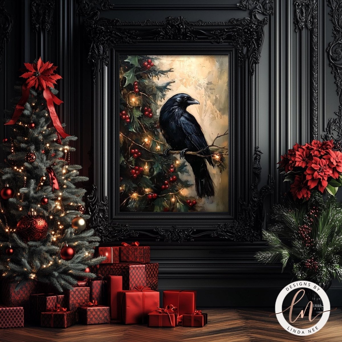 Crow Christmas wall art displayed with a wreath and red wrapped presents