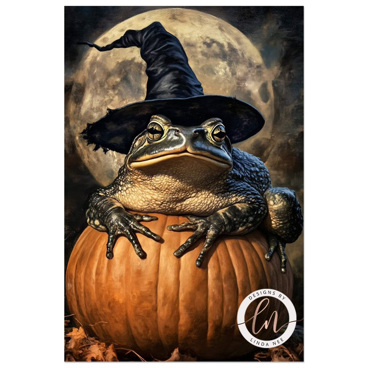 A frog wearing a witch's hat sits atop a pumpkin, with a full moon in the background.