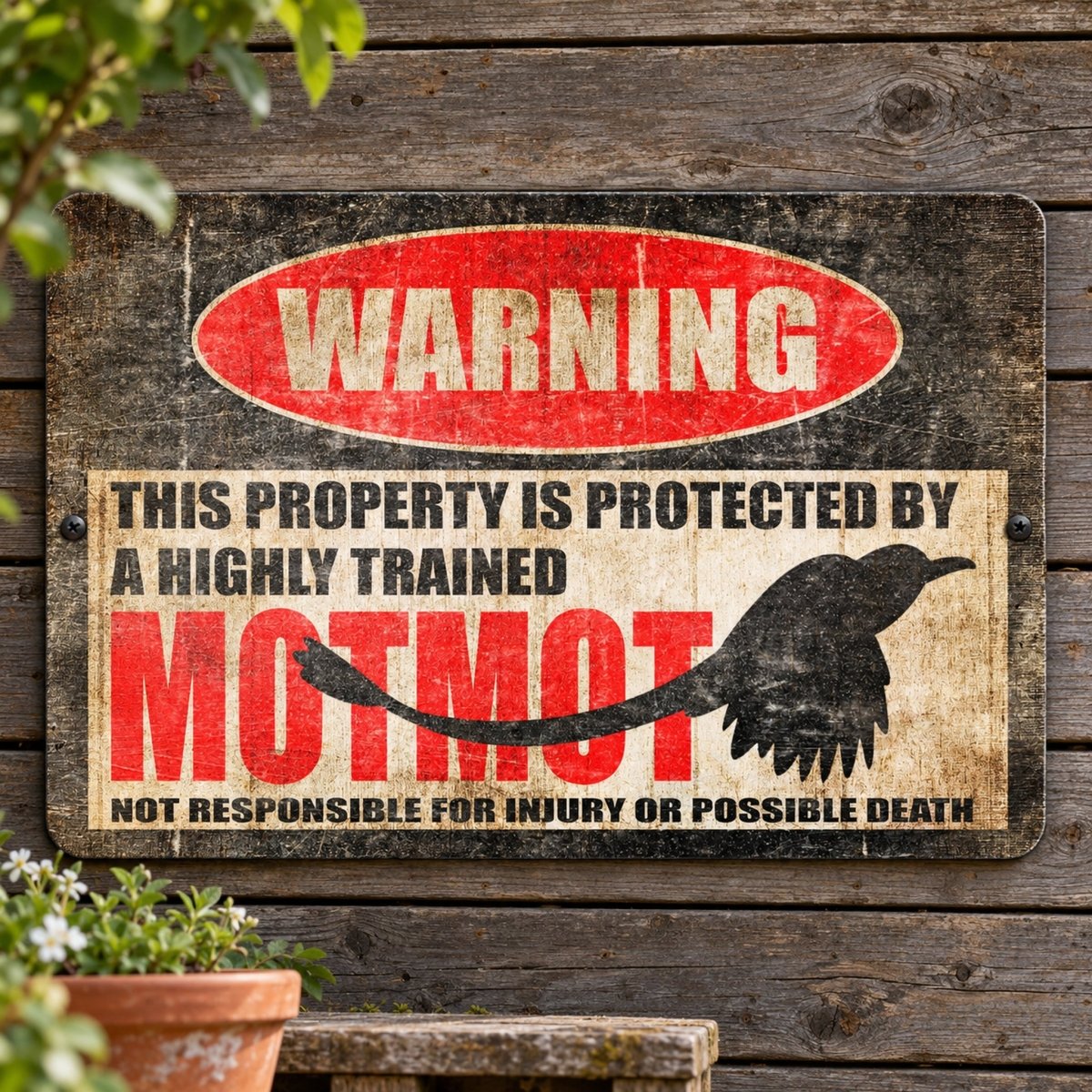 Funny motmot metal warning sign naming a highly trained motmot as the guard of this property