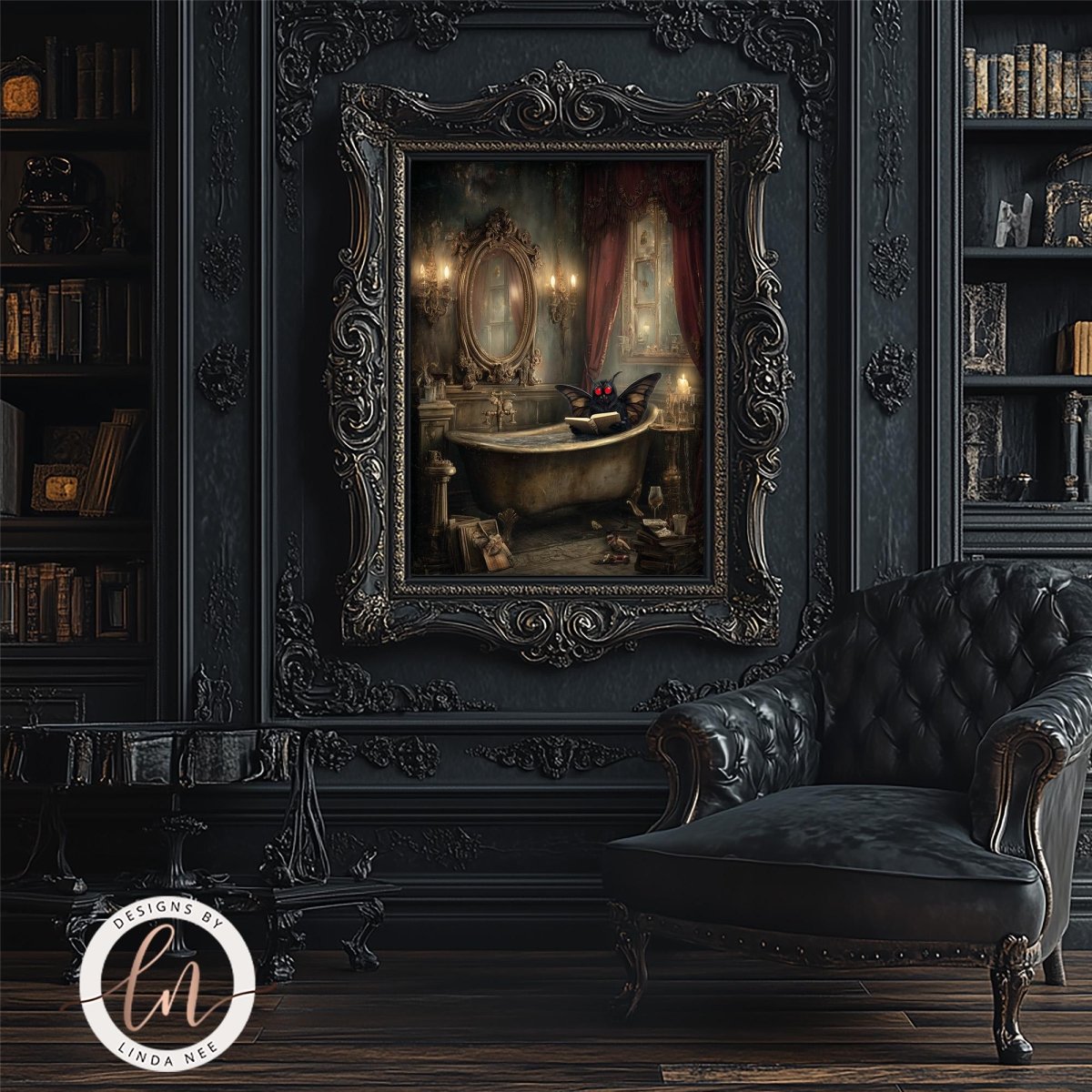 a luxurious bathroom with a large ornate mirror, a clawfoot bathtub, and a bookshelf filled with books. The room has dark wood paneling and a black leather chair, creating a sophisticated and elegant atmosphere.