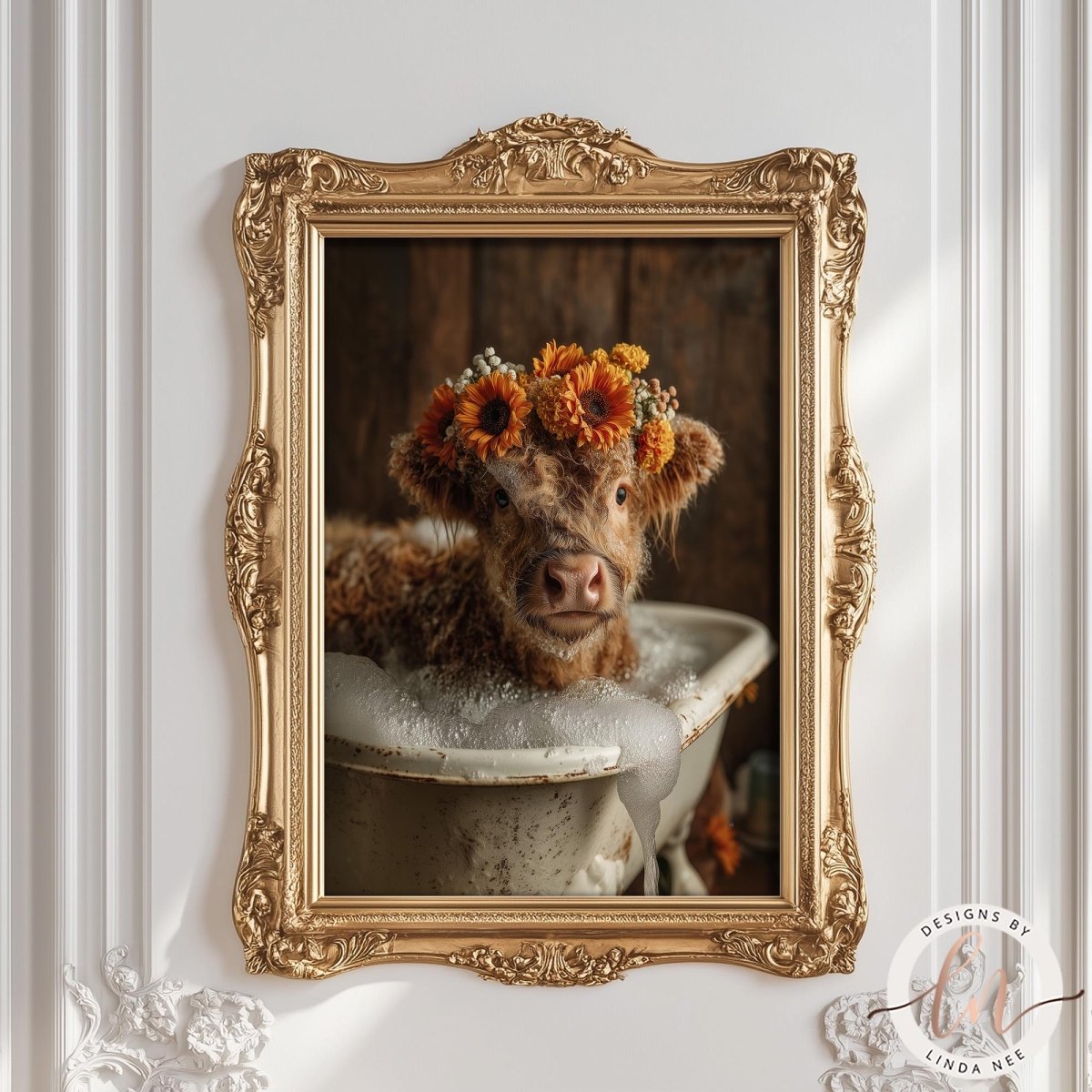 A cow wearing a flower crown is sitting in a white basin, surrounded by a decorative gold frame.