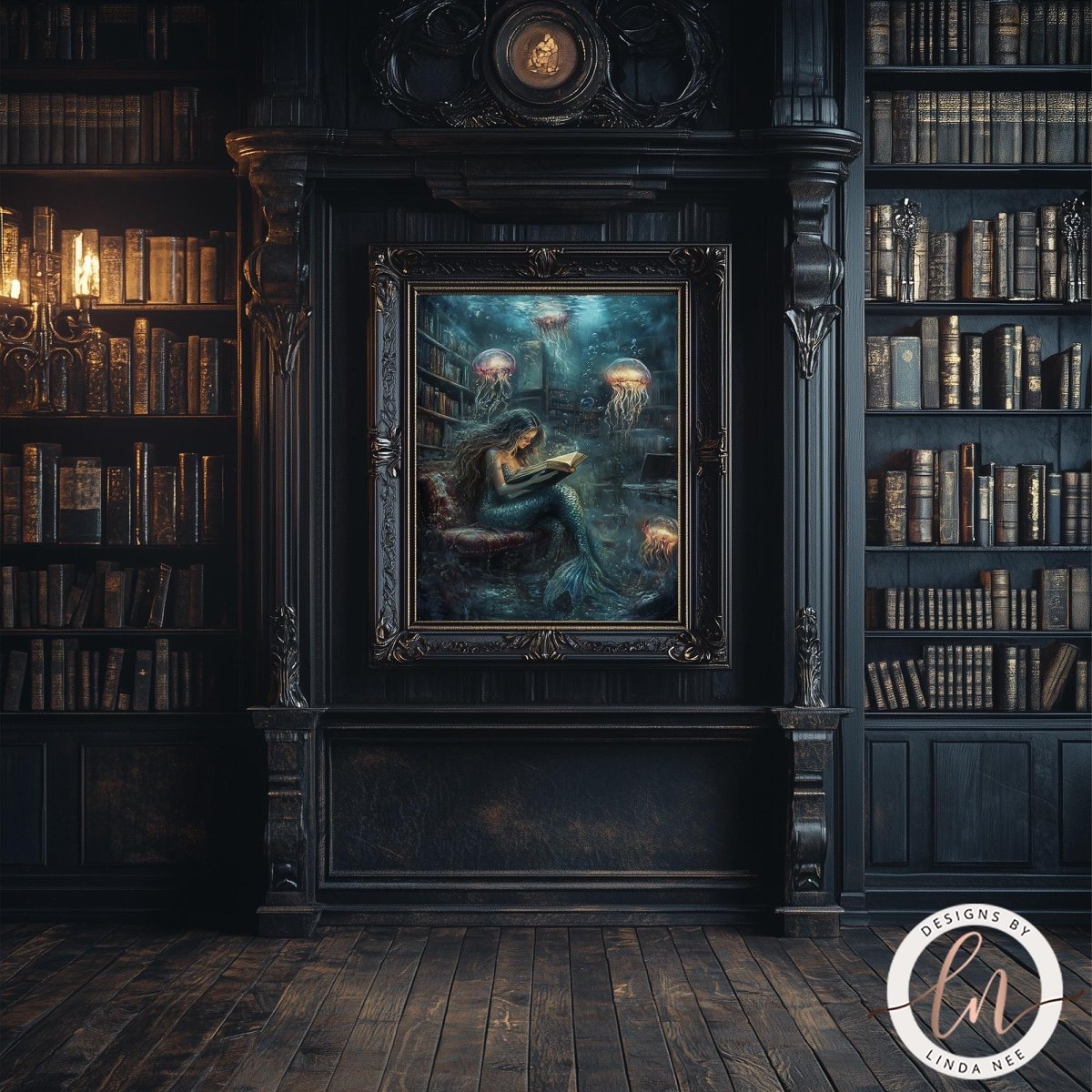 a large, ornate bookshelf filled with books, with a framed painting of a mermaid sitting in a chair in the center of the bookshelf.