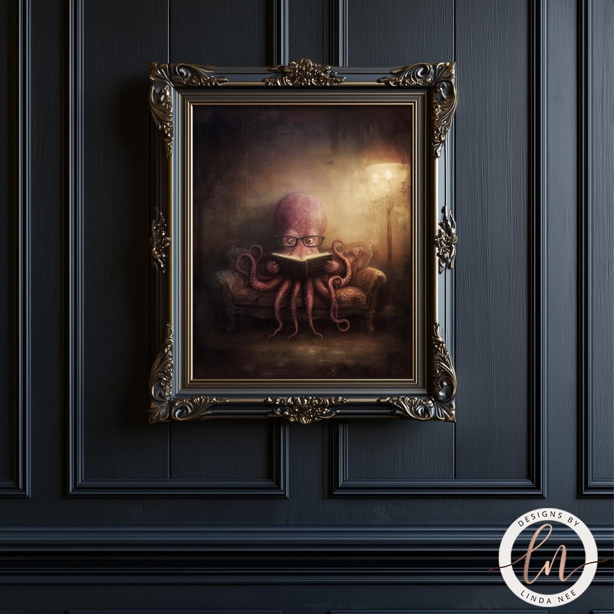 an octopus sitting on a chair and reading a book.