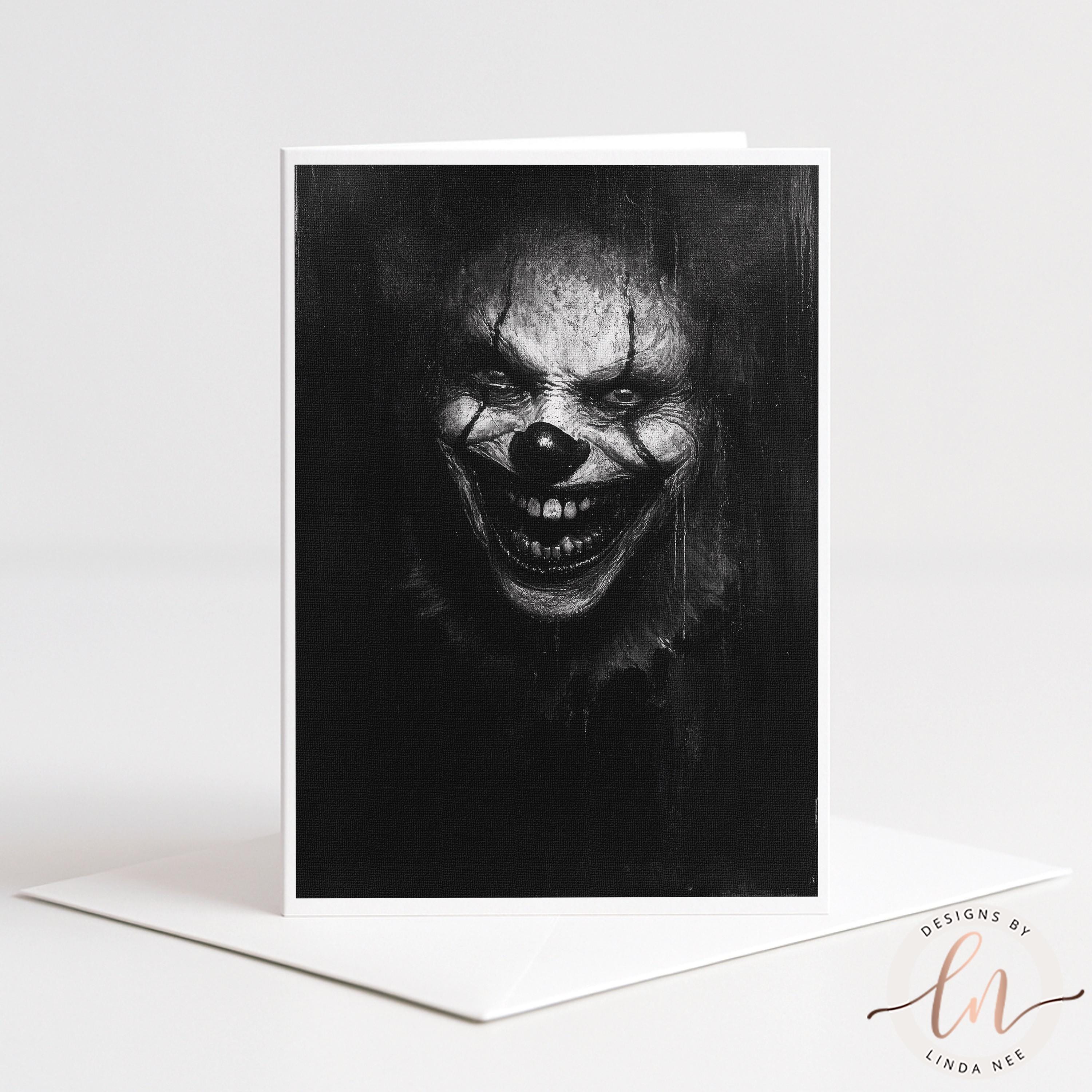 A creepy clown with a menacing expression and a wide, menacing smile is depicted in a black and white image.