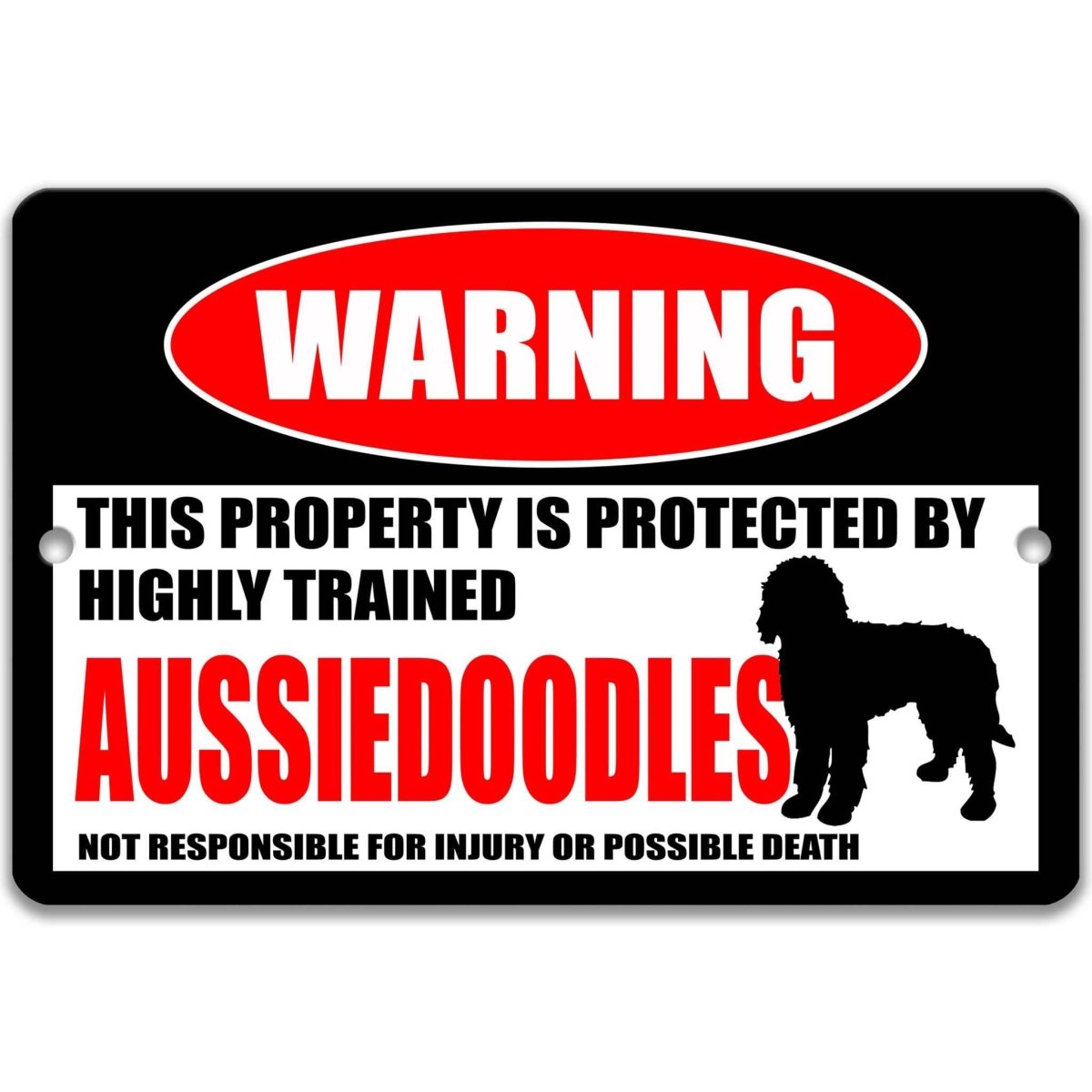 Aussiedoodle warning metal sign, glossy black, red WARNING oval and curly Aussiedoodle silhouette