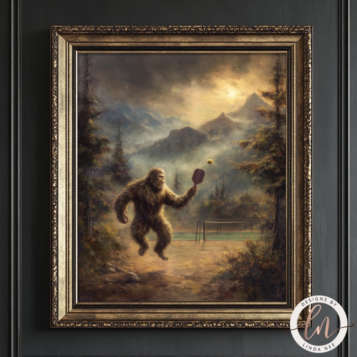 A painting of a large, furry creature resembling a Sasquatch holding a paddle and standing on a dirt path in a forested area with mountains in the background.