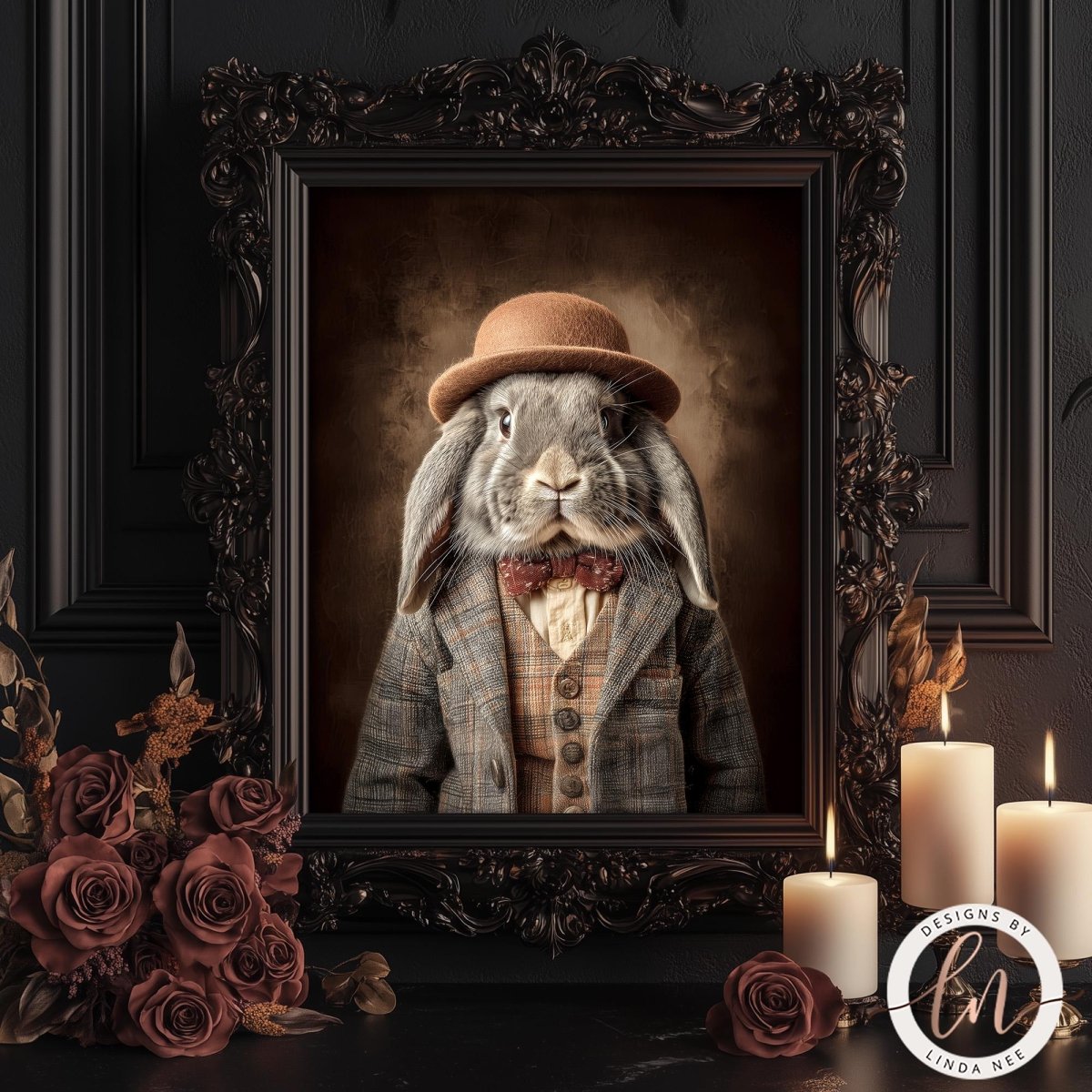 A portrait of a rabbit wearing a hat and coat, framed in an ornate black frame, with a bouquet of roses and candles in the foreground.