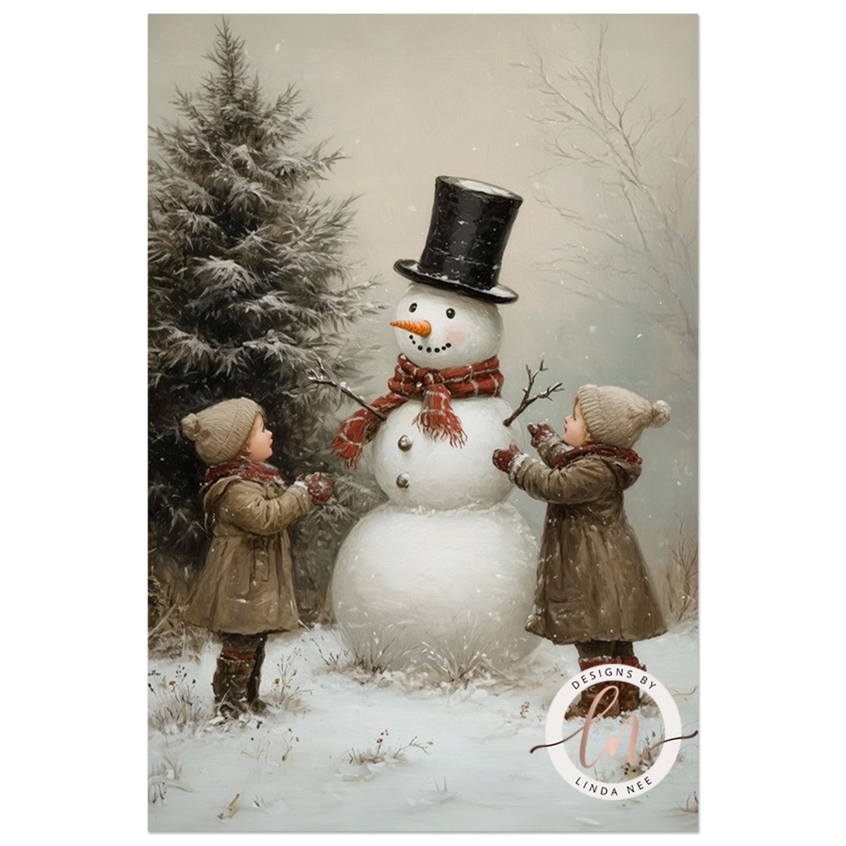 Two children in winter coats building a snowman under a tall pine tree