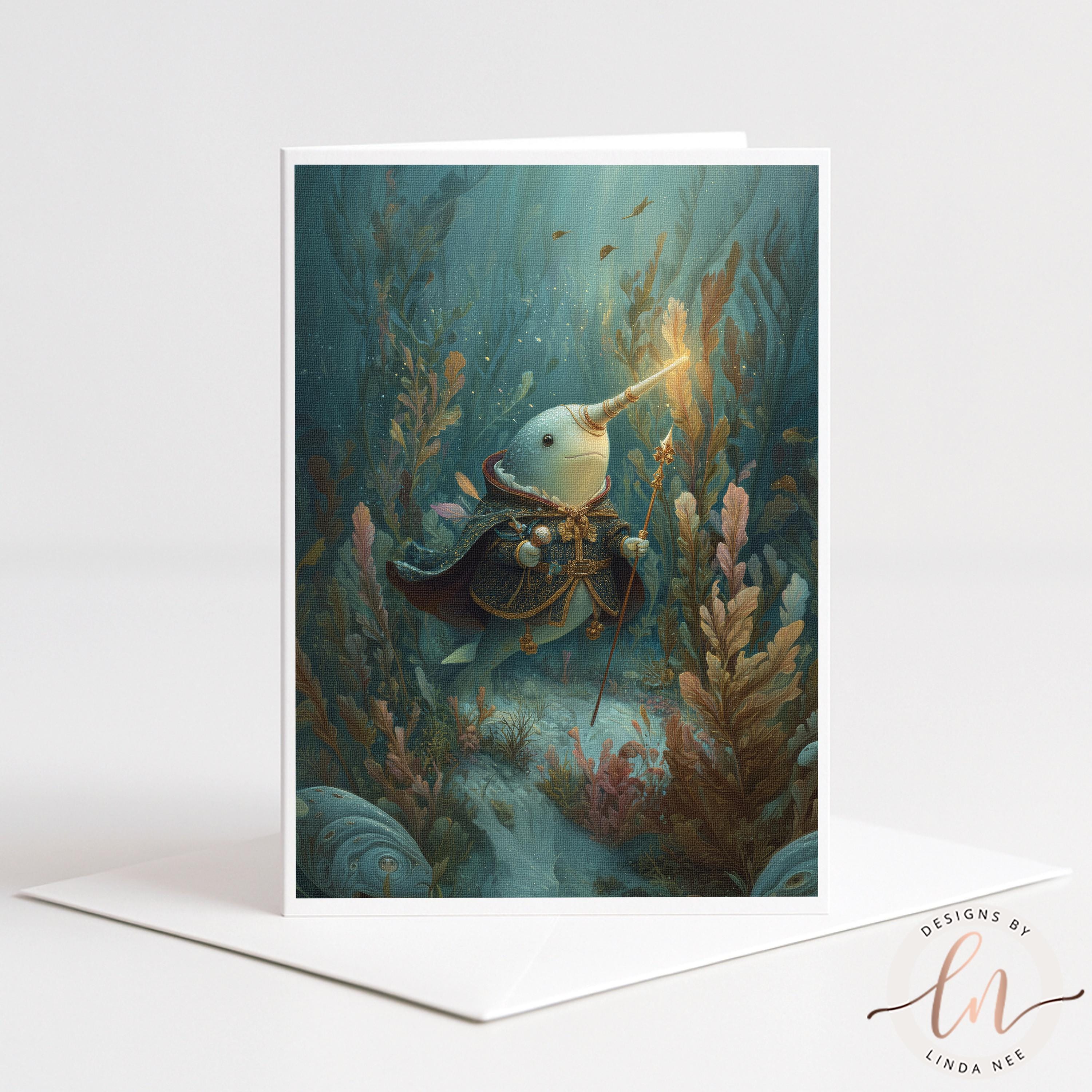 The image is a painting depicting a fantastical underwater scene with a creature resembling a mermaid or sea witch, surrounded by vibrant marine life and plants.