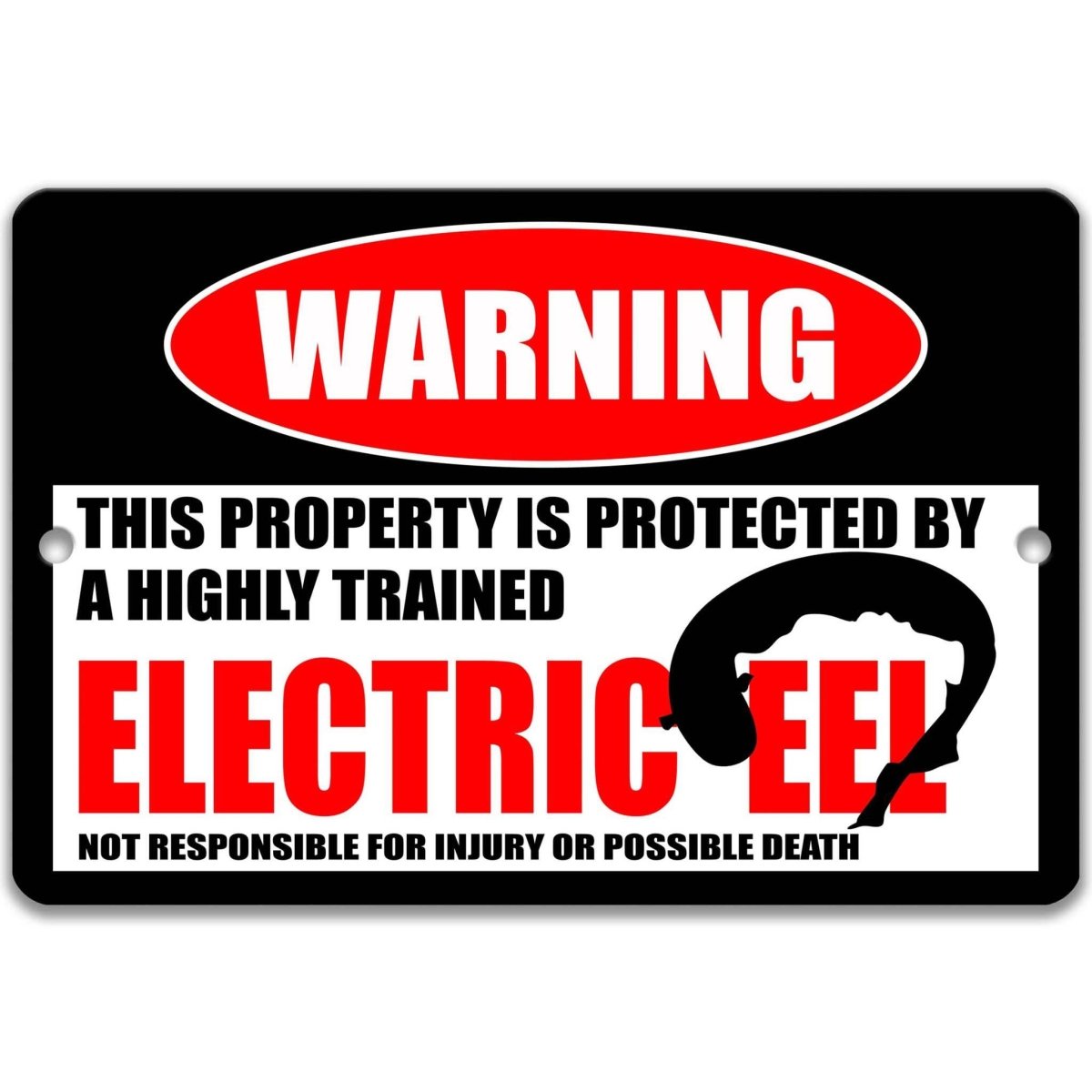Electric eel warning metal sign, glossy black, red WARNING oval and coiled electric eel silhouette
