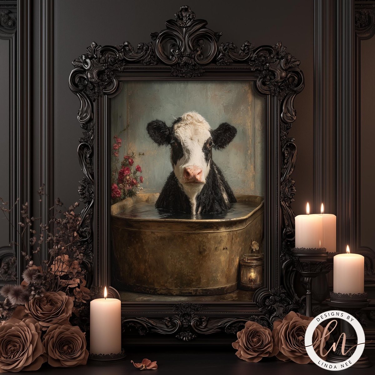 A framed painting of a cow sitting in a tub, surrounded by candles and flowers, creating a whimsical and cozy atmosphere.
