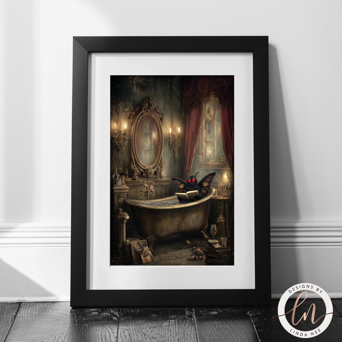 A framed image depicting a bat resting on a bathtub in a dimly lit, ornate bathroom.