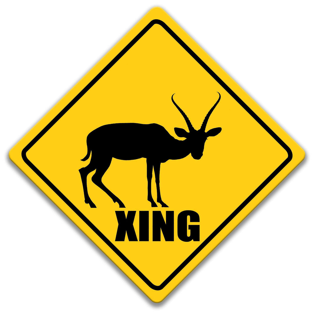 a yellow diamond-shaped sign with a black silhouette of a gazelle or antelope, and the word "XING" written below it.