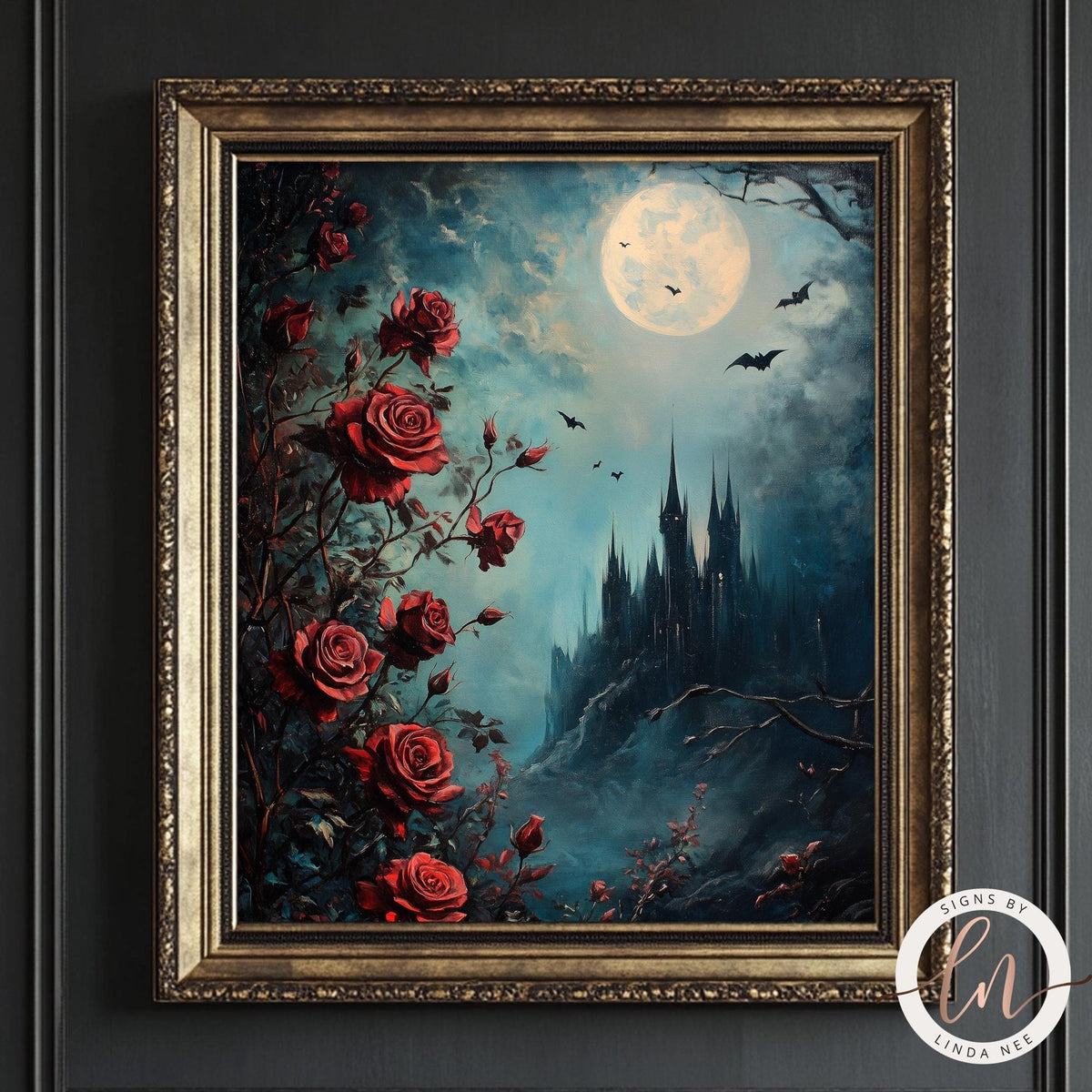 a dark, ornate room with a large, ornate mirror on the wall, a black leather armchair, and a bookshelf filled with books. The mirror reflects a painting of a castle and a full moon, creating an atmospheric and mysterious ambiance.