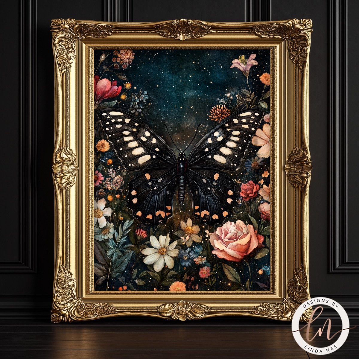 Butterfly among night flowers displayed in an ornate gold frame