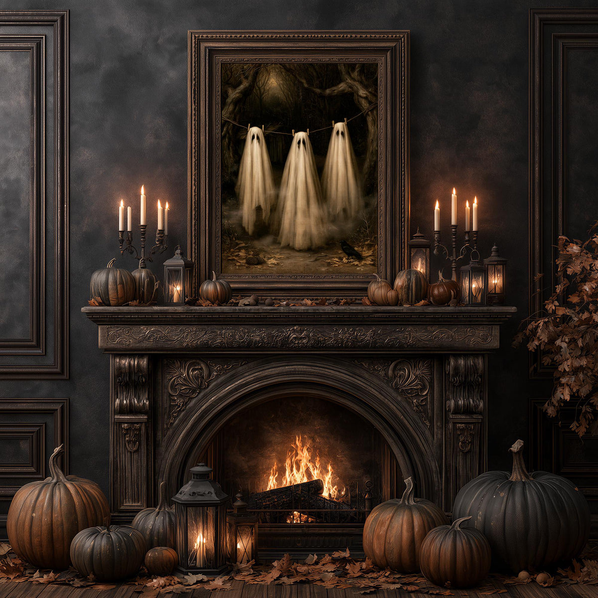 Cozy fireplace with pumpkins, lanterns, and candles beneath the gothic ghost art