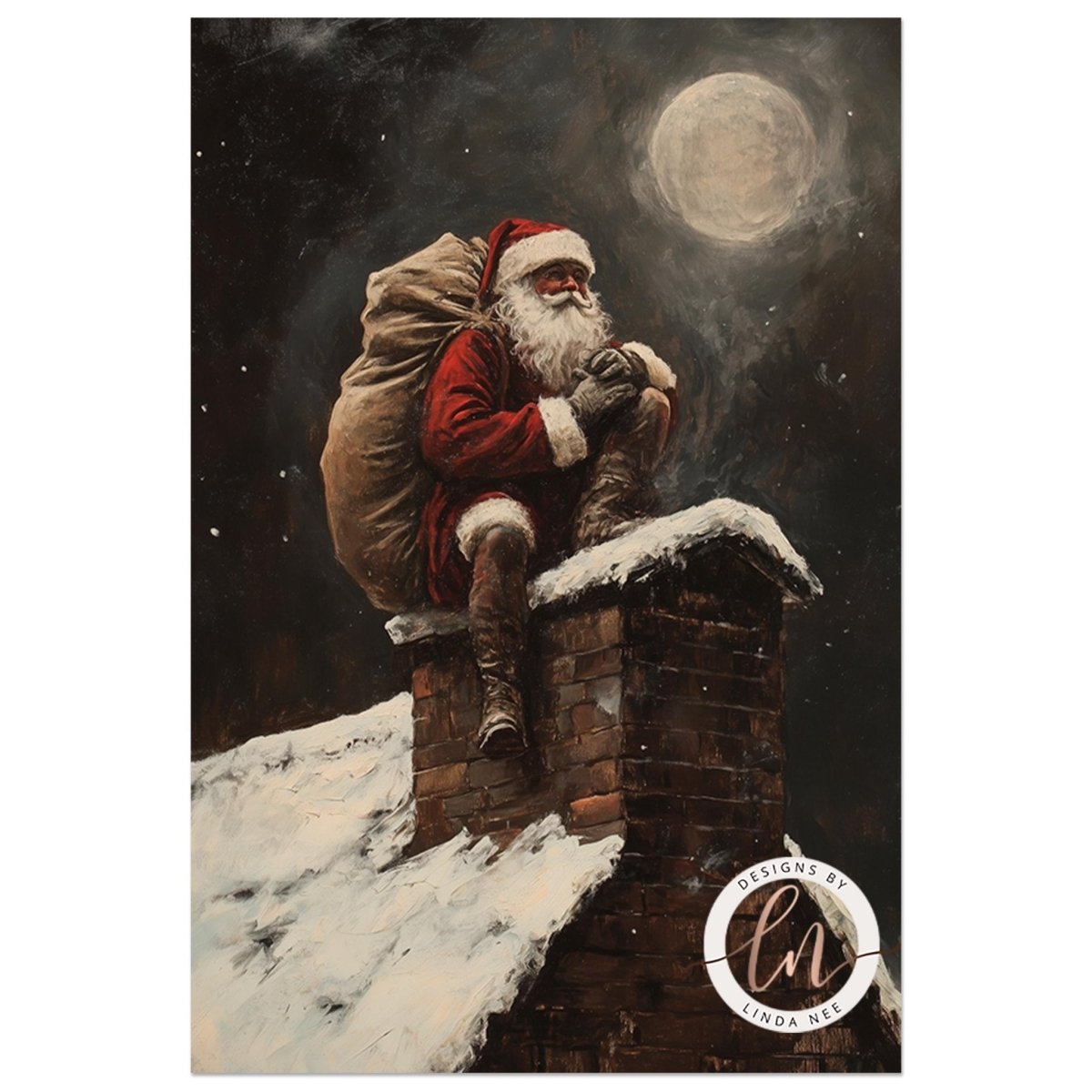 Santa Claus seated on a chimney holding a full sack of presents under a full moon