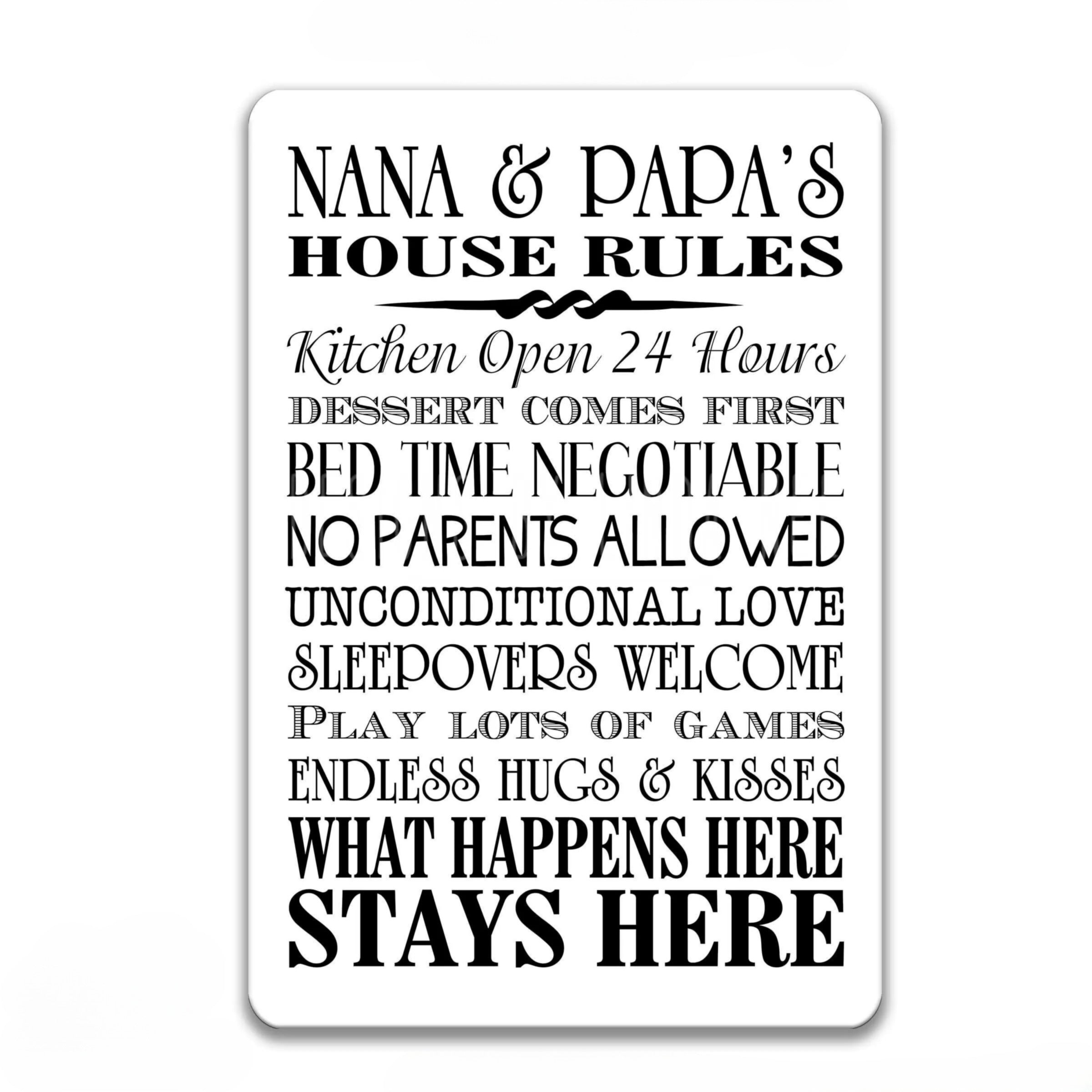 a sign with a list of rules for a house, including guidelines for kitchen use, dessert, bedtime, and other household rules. The sign is described as an American-made sign with an aluminum sign, UV protective coating, and a floral design.