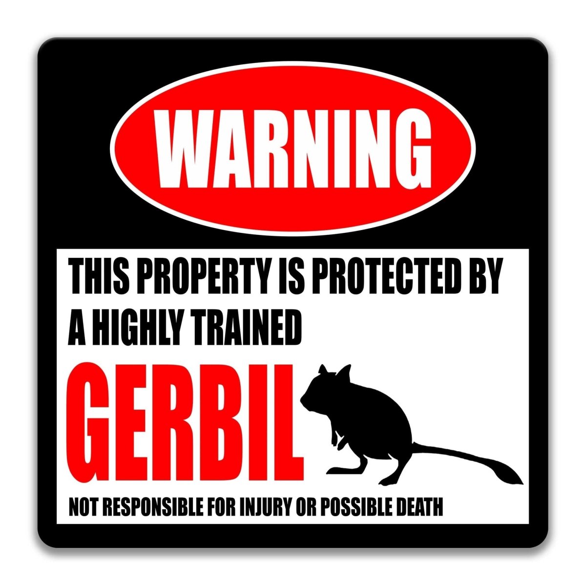 Gerbil warning sign, red WARNING banner and large gerbil silhouette, funny Gerbil lover gift, aluminum with rounded corners