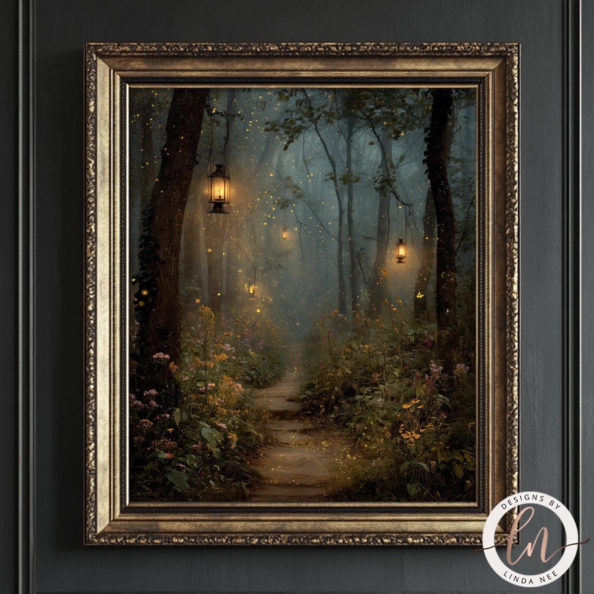 A framed painting depicting a serene forest path illuminated by lanterns, creating a magical and enchanting atmosphere.