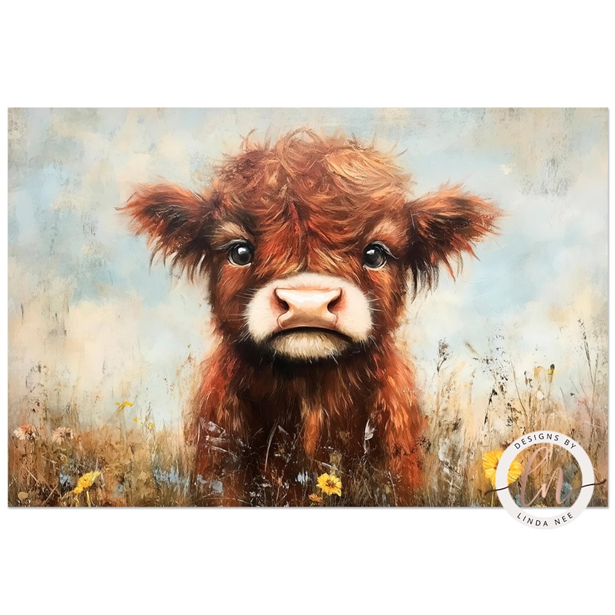 Close portrait of a Highland cow against a cloudy sky background