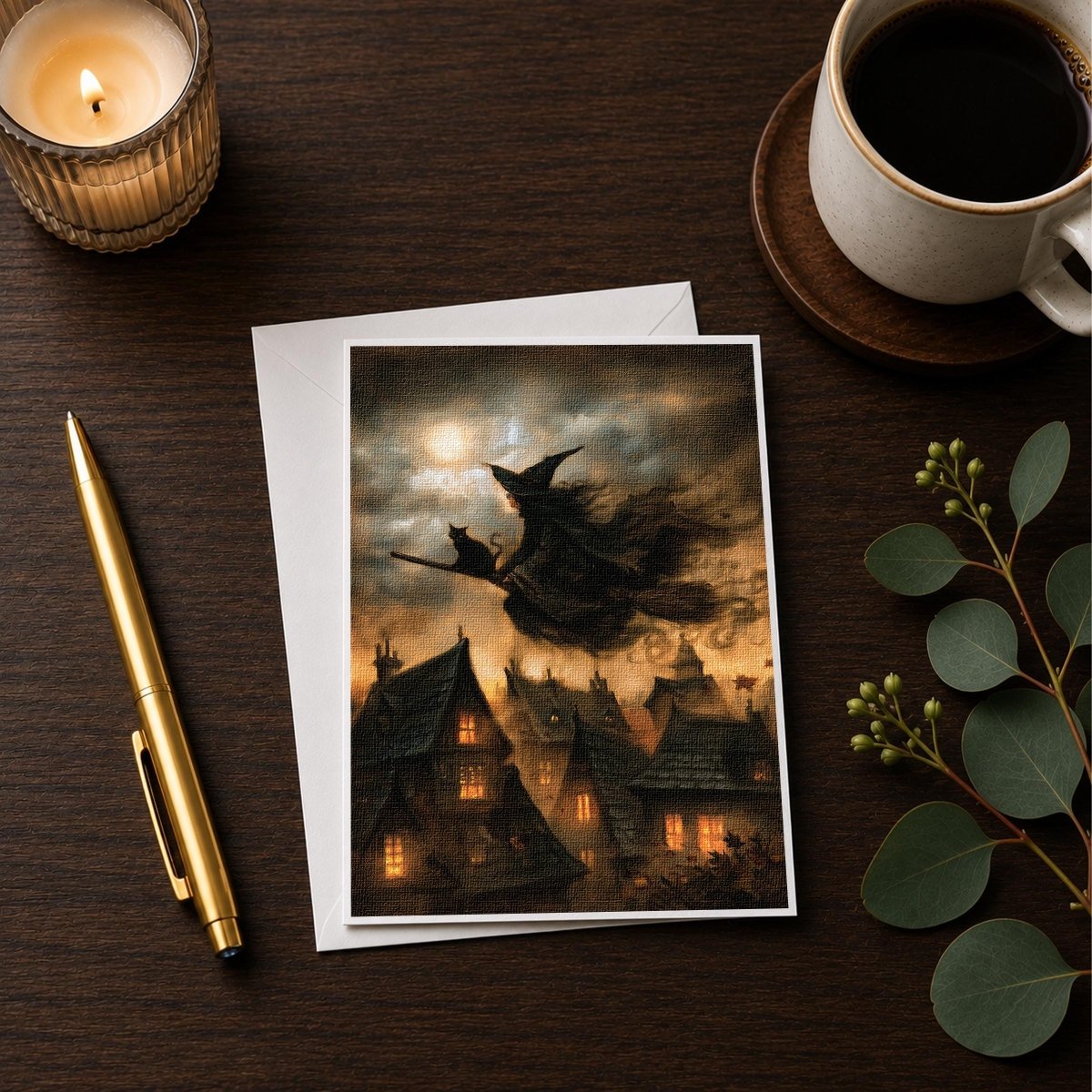 Flying witch and black cat Halloween note card, full view of the storybook village scene