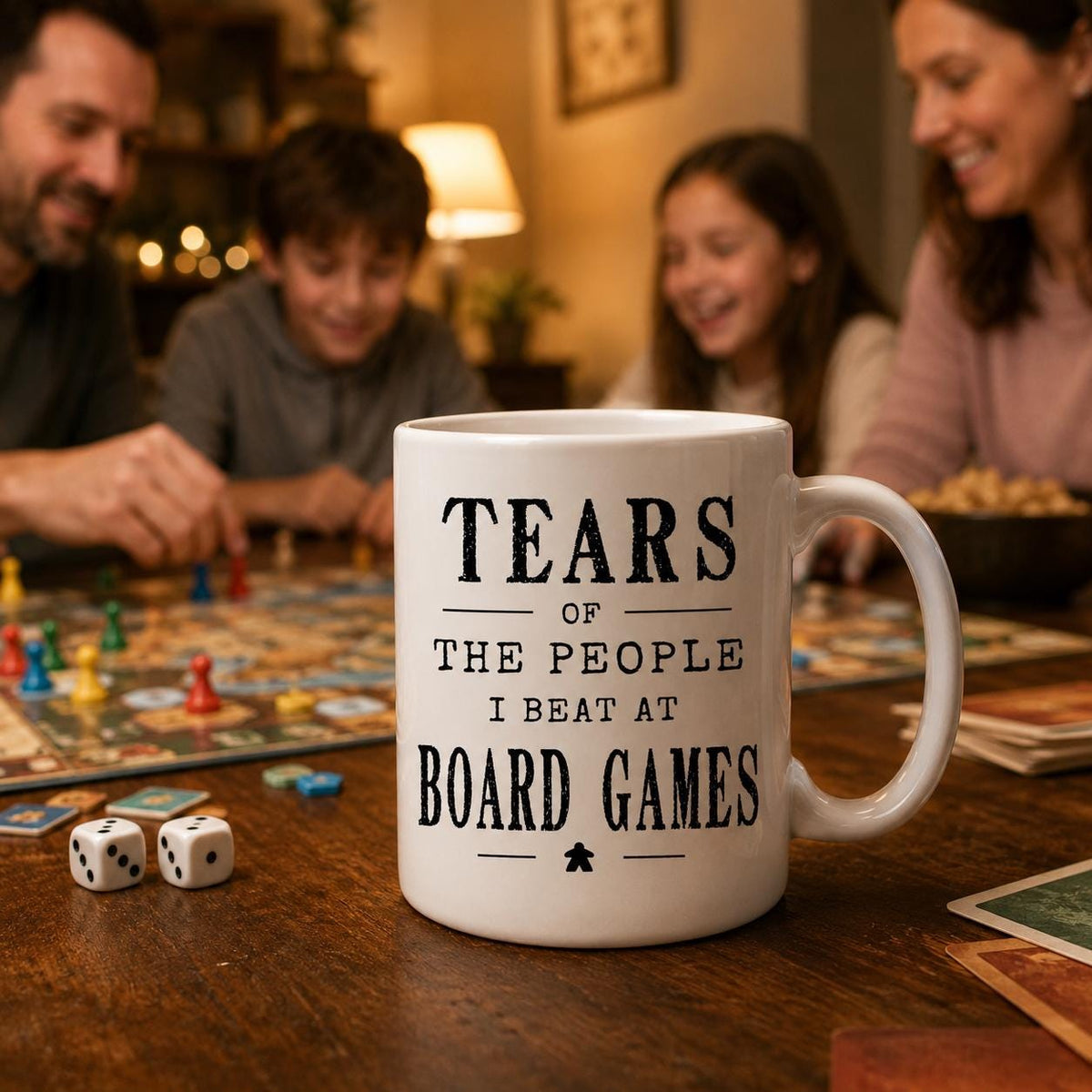 Board game mug on a table beside a game board and two dice, quote reading Tears of the people I beat at board games