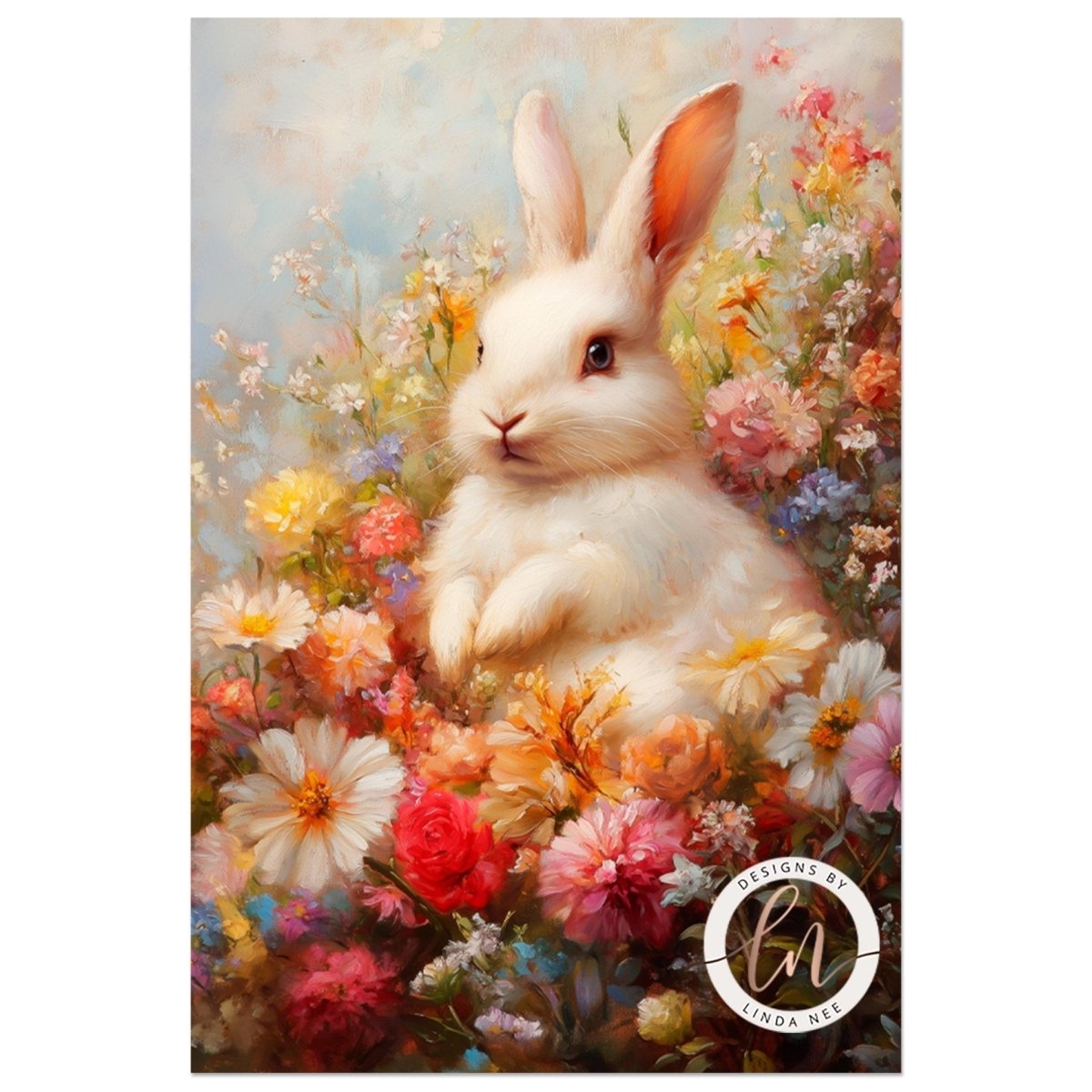 A white rabbit sits amidst a vibrant array of colorful flowers, including daisies, roses, and other blooms, creating a serene and picturesque scene.