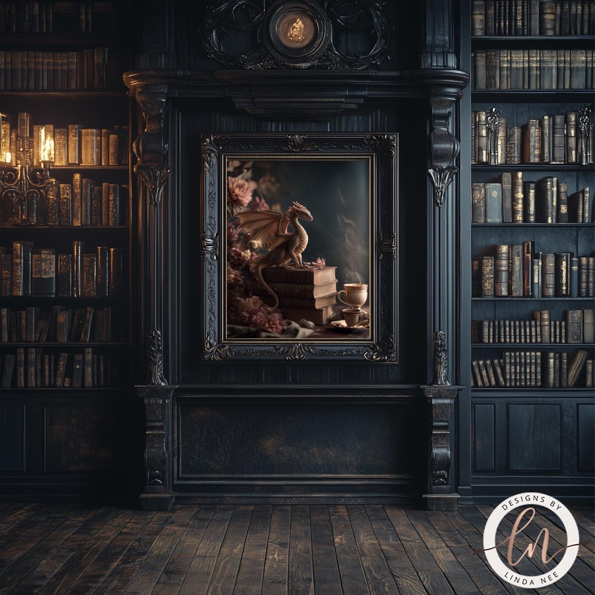 a dark, ornate room with a large bookshelf filled with books, a framed painting of a dragon, and a chandelier hanging from the ceiling.