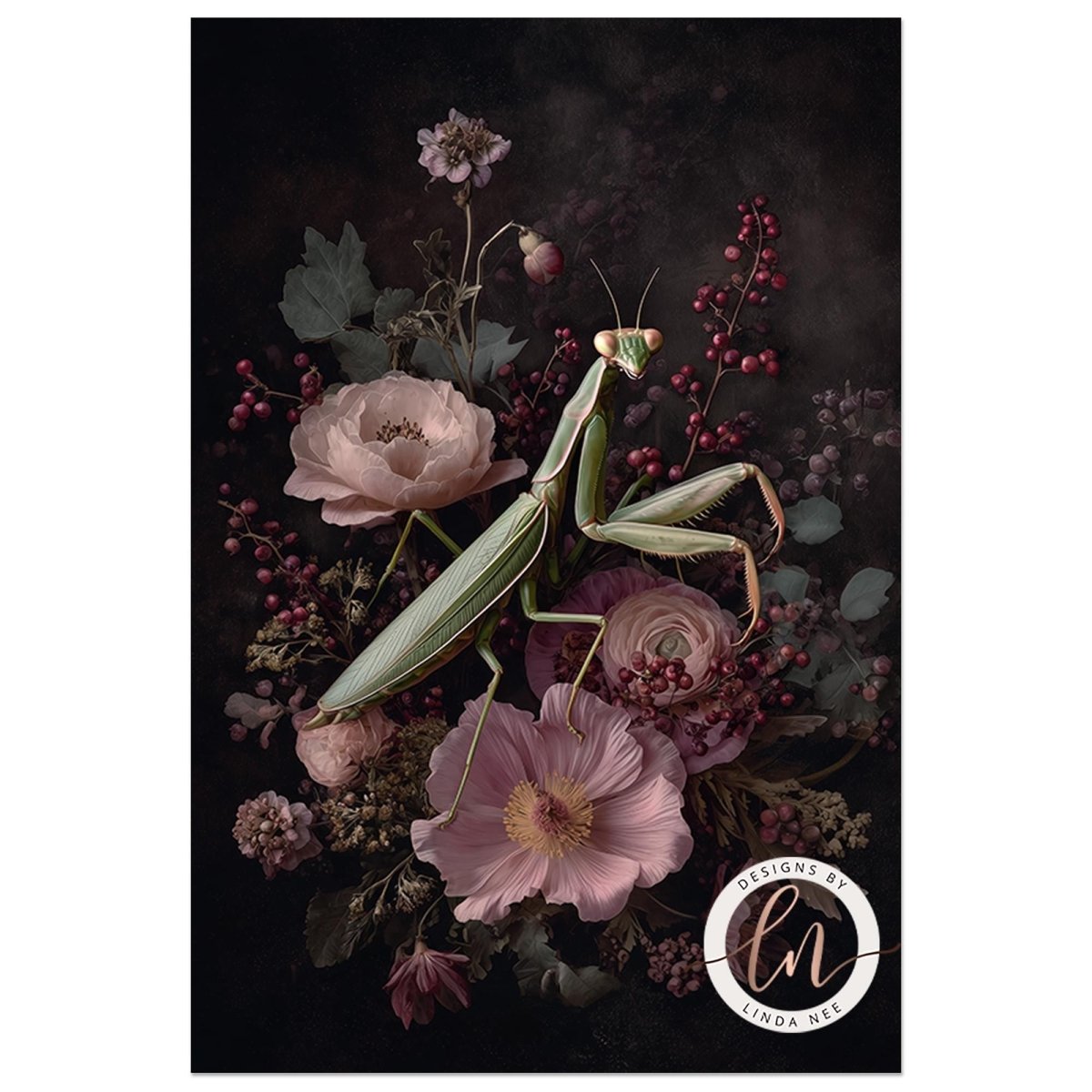 A detailed image of a praying mantis perched on a bouquet of pink and purple flowers, with berries and leaves surrounding it.