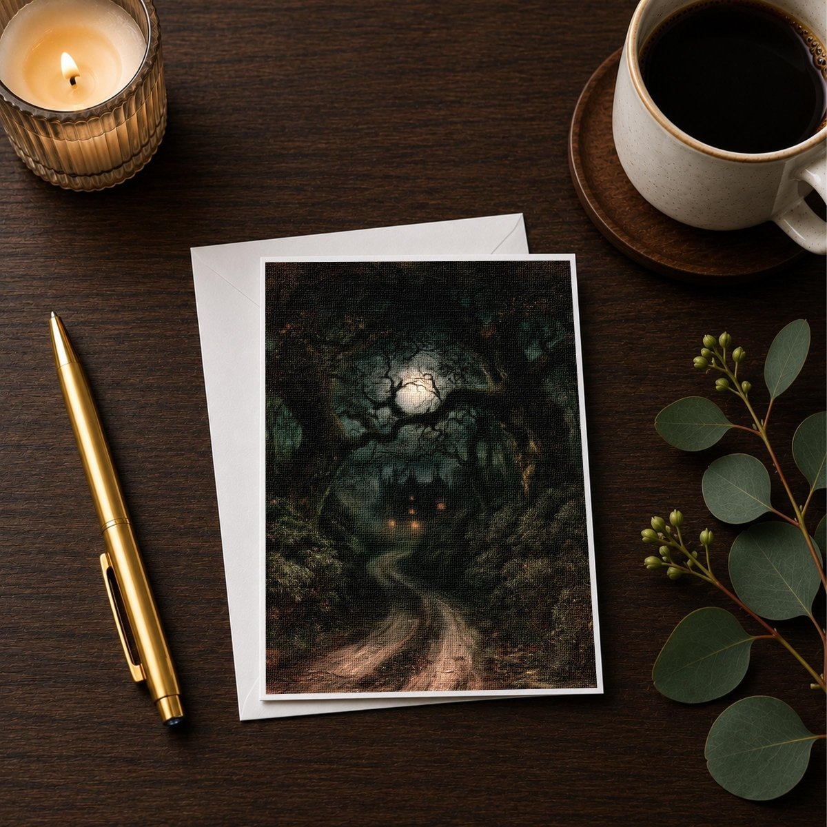 a card with a painting of a winding path through a forest, accompanied by a candle, a pen, and a cup of coffee on a wooden surface.