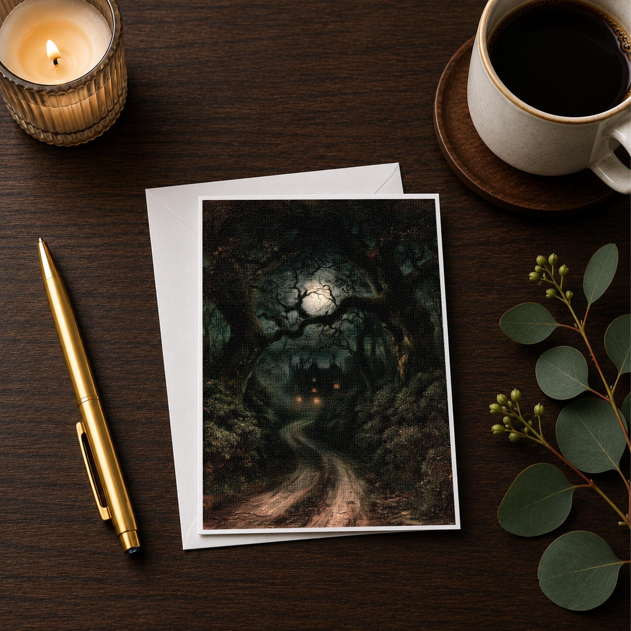 a card with a painting of a winding path through a forest, accompanied by a candle, a pen, and a cup of coffee on a wooden surface.