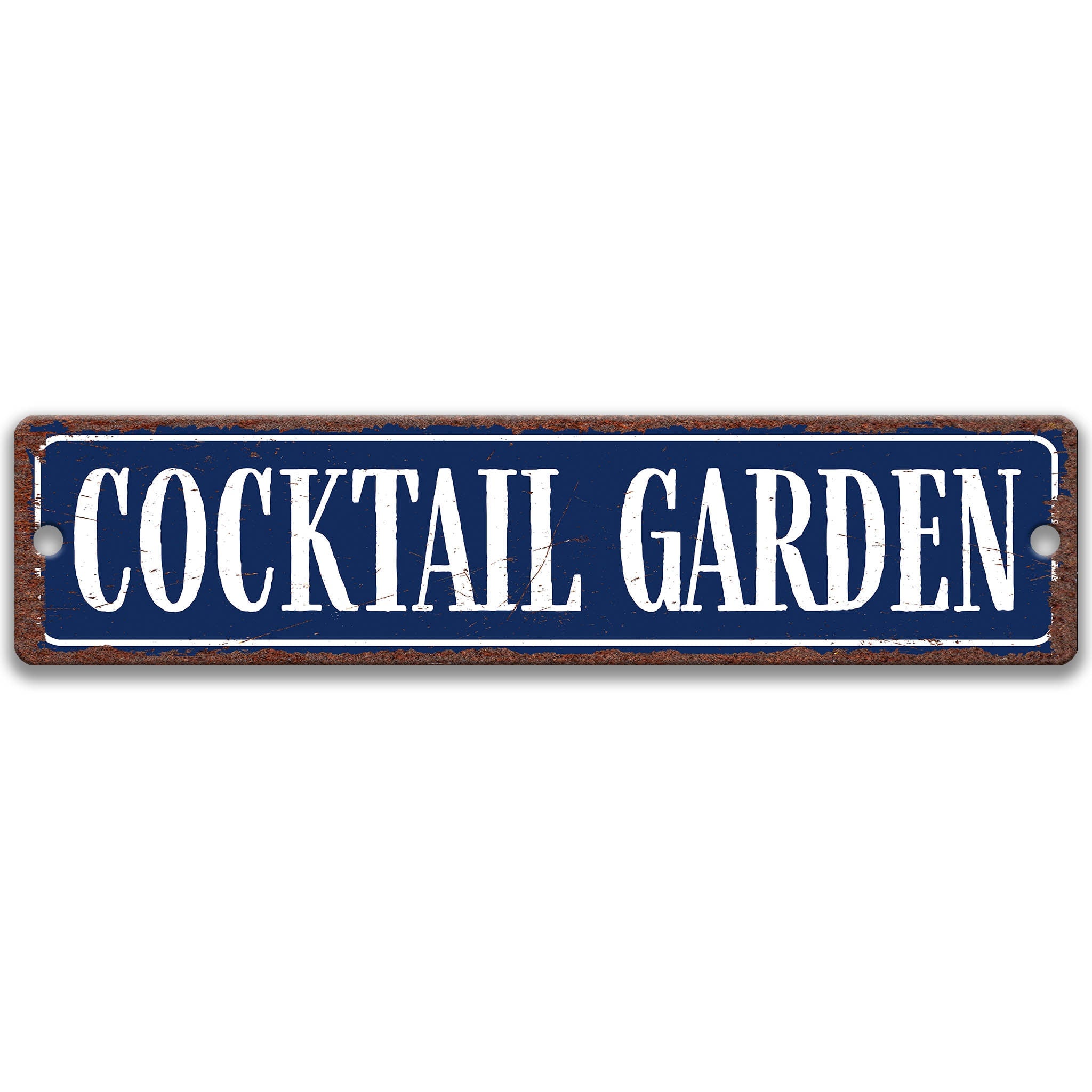 a blue rectangular sign with the text "Cocktail Garden" written in white letters.