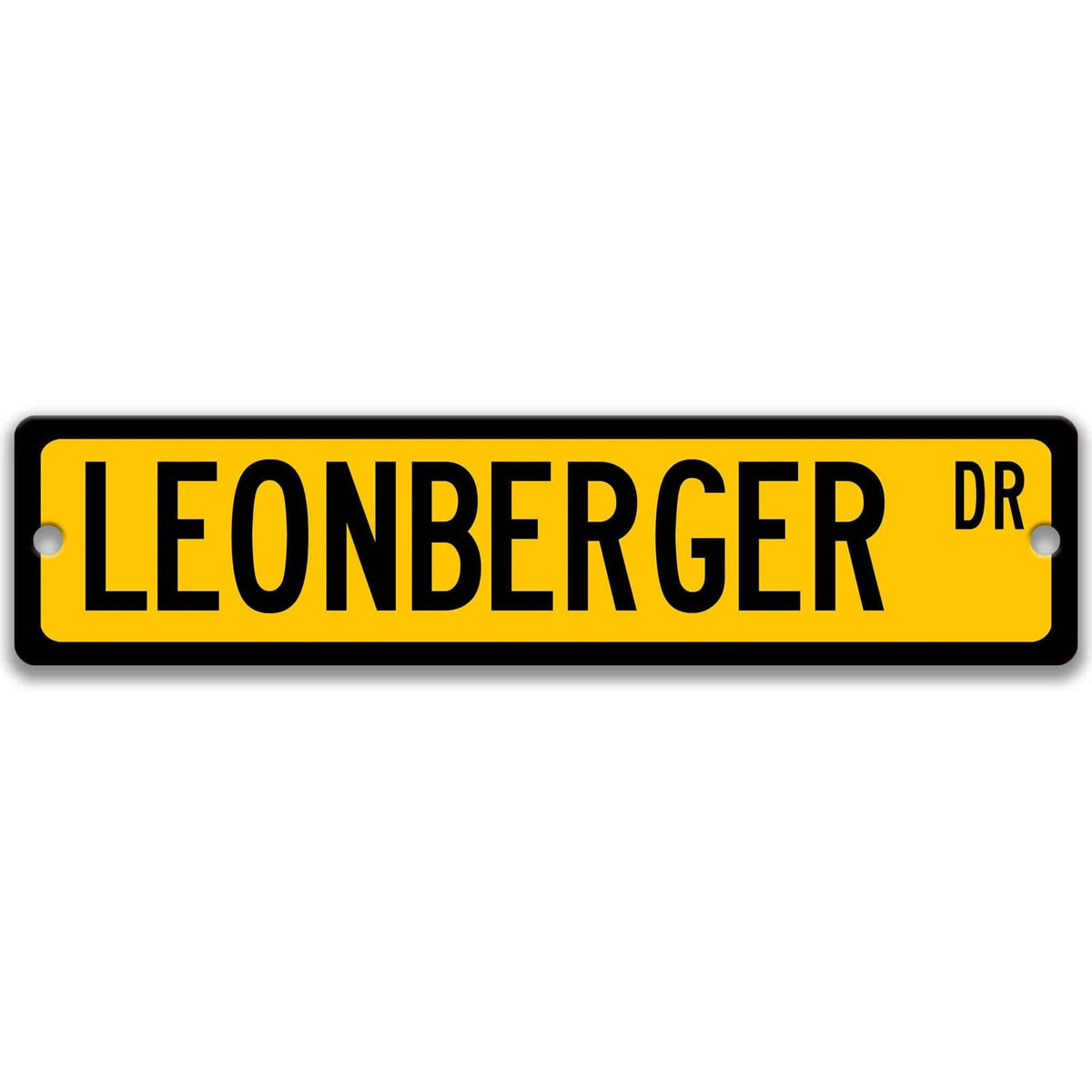 Red Leonberger DR aluminum street sign with white lettering
