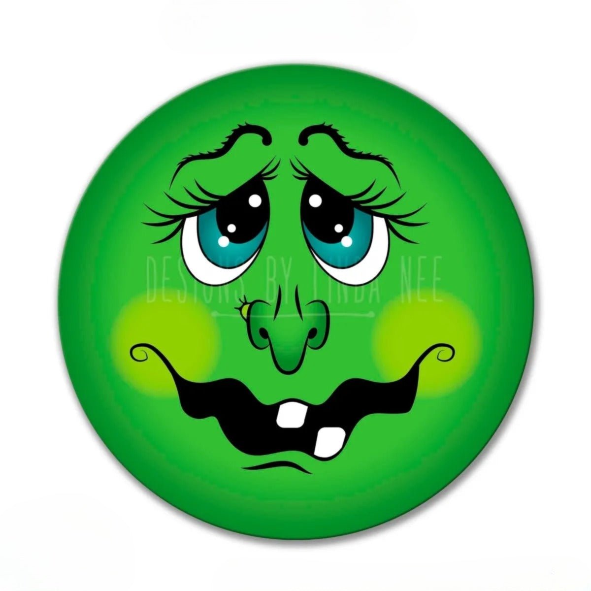 A green, round, cartoonish face with large blue eyes, black eyelashes, and a wide, toothy grin.