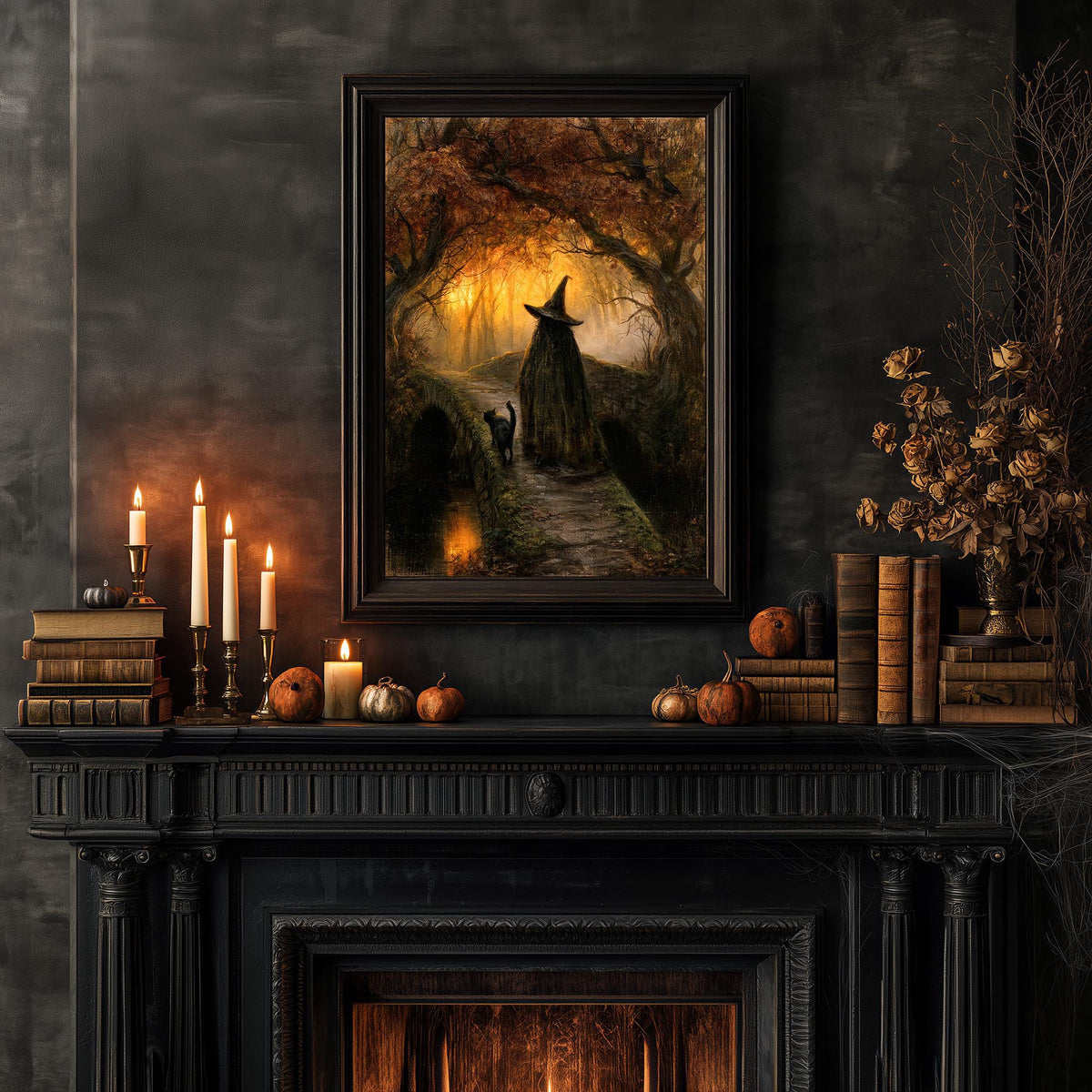 Witchcore wall art styled with lit candles and small pumpkins for autumn decorating
